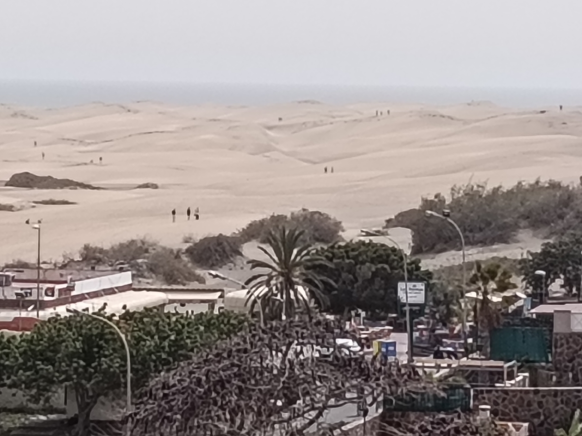 The image shows a landscape with sand dunes in the background. Several people can be seen walking on the dunes. In the foreground, there are buildings and vegetation, including palm trees. The location is San Bartolomé de Tirajana, Spain.