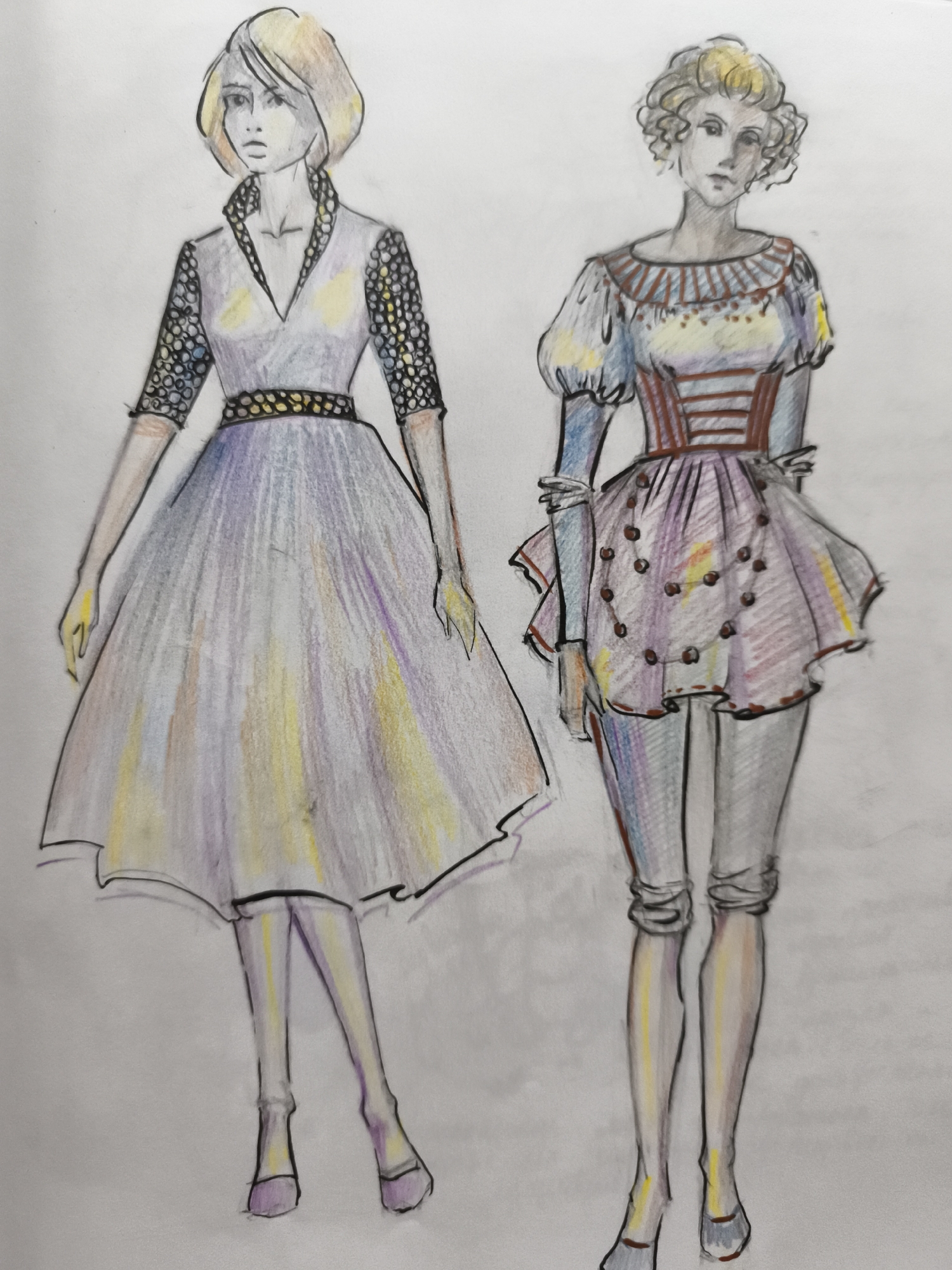 This is a fashion sketch of two female figures drawn with colored pencils. The figures are standing side-by-side. The figure on the left wears a dress with a v-neckline and a full, knee-length skirt. The dress has a patterned collar and sleeves, and a dark belt with gold accents at the waist. The figure on the right wears a costume that includes a fitted bodice with horizontal red stripes, a short, layered skirt with maroon dots, and long sleeves. Both figures have their hair styled and are wearing heels. The background is plain white, suggesting this is a sketch on paper. There is no indication of a location in Saint-Denis, France, nor any environmental context.