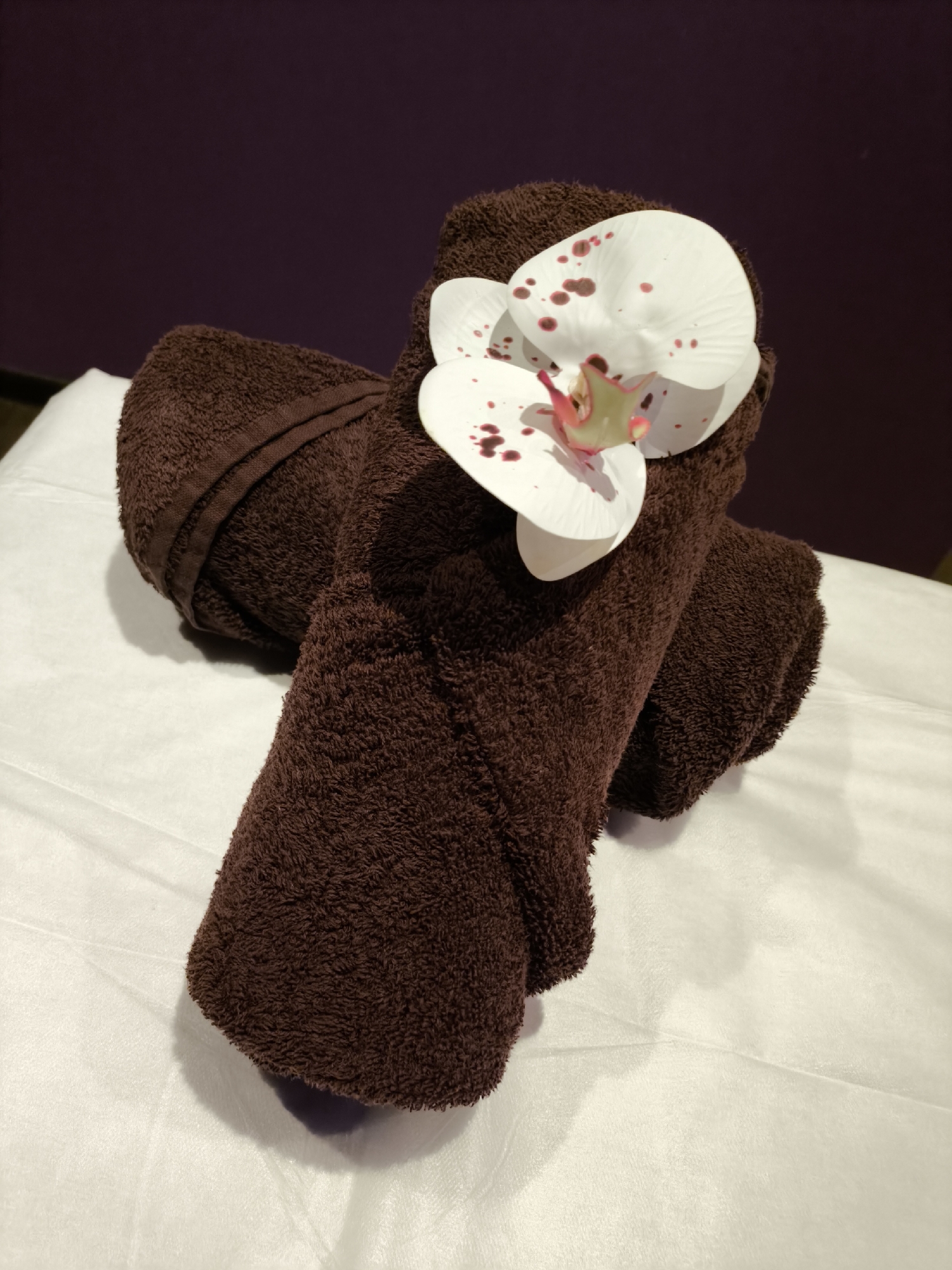 A close-up shot presents two neatly rolled dark brown towels arranged in a crisscross pattern on a smooth white surface, possibly a massage table. A white orchid with pink and red spots rests on the towels. The background features a solid dark purple wall. The setting suggests a spa or wellness center. The image does not contain information to determine its location in the city of Moscow, Russia.