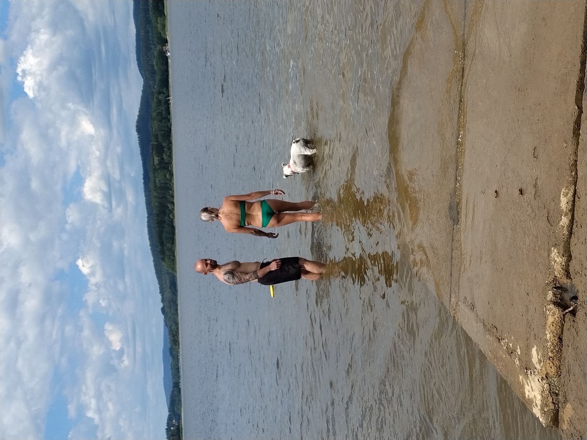 In Radslav, Czechia, a man and a woman are standing in shallow water near a concrete embankment on a cloudy day. The man, with tattoos on his arms and a bald head, wears black shorts. The woman, in a green bikini, has her back to the camera. A white bulldog with a red collar stands between them, facing the woman. The water is calm, and a yellow object, possibly a frisbee, floats nearby. In the background, a forested hillside borders a wide body of water under a sky filled with white and grey clouds.