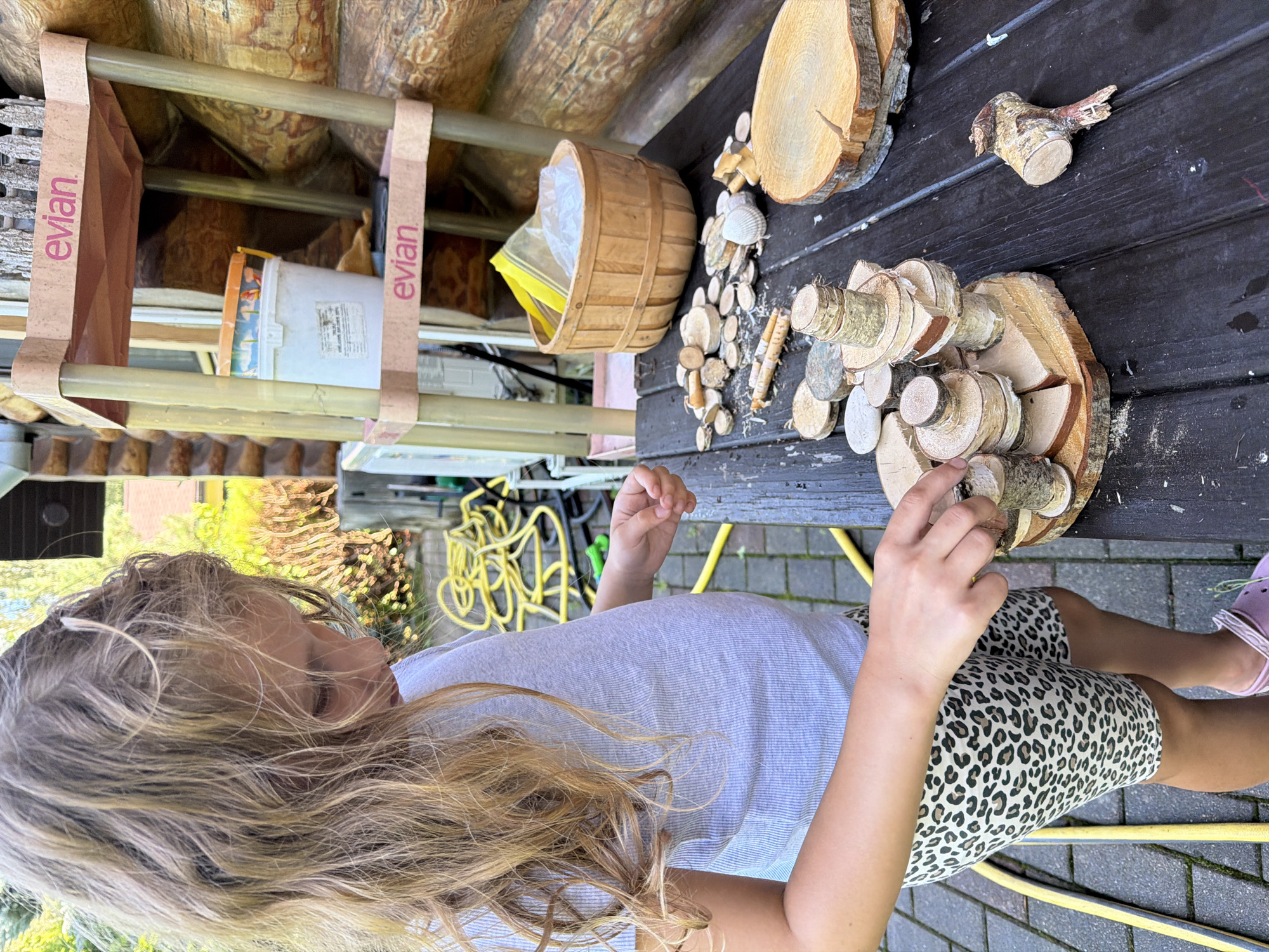 In Baloži, Latvia, a young girl with blonde hair, wearing a grey t-shirt and leopard-print shorts, is engaged in an outdoor activity. She is standing at a dark wooden table, where various natural objects are laid out. Her hands are occupied with arranging small wooden circles and other tree branch pieces, seemingly constructing a sculpture or play structure. Scattered on the table are more wooden rounds, a seashell, and a woven basket containing plastic bags, one yellow and one clear, filled with unspecified items. Behind the table, a multi-tiered shelf unit, branded with "evian," holds a white bucket with an orange lid. The backdrop consists of a log cabin wall and outdoor greenery. A yellow hose is visible on the ground to the left of the girl.