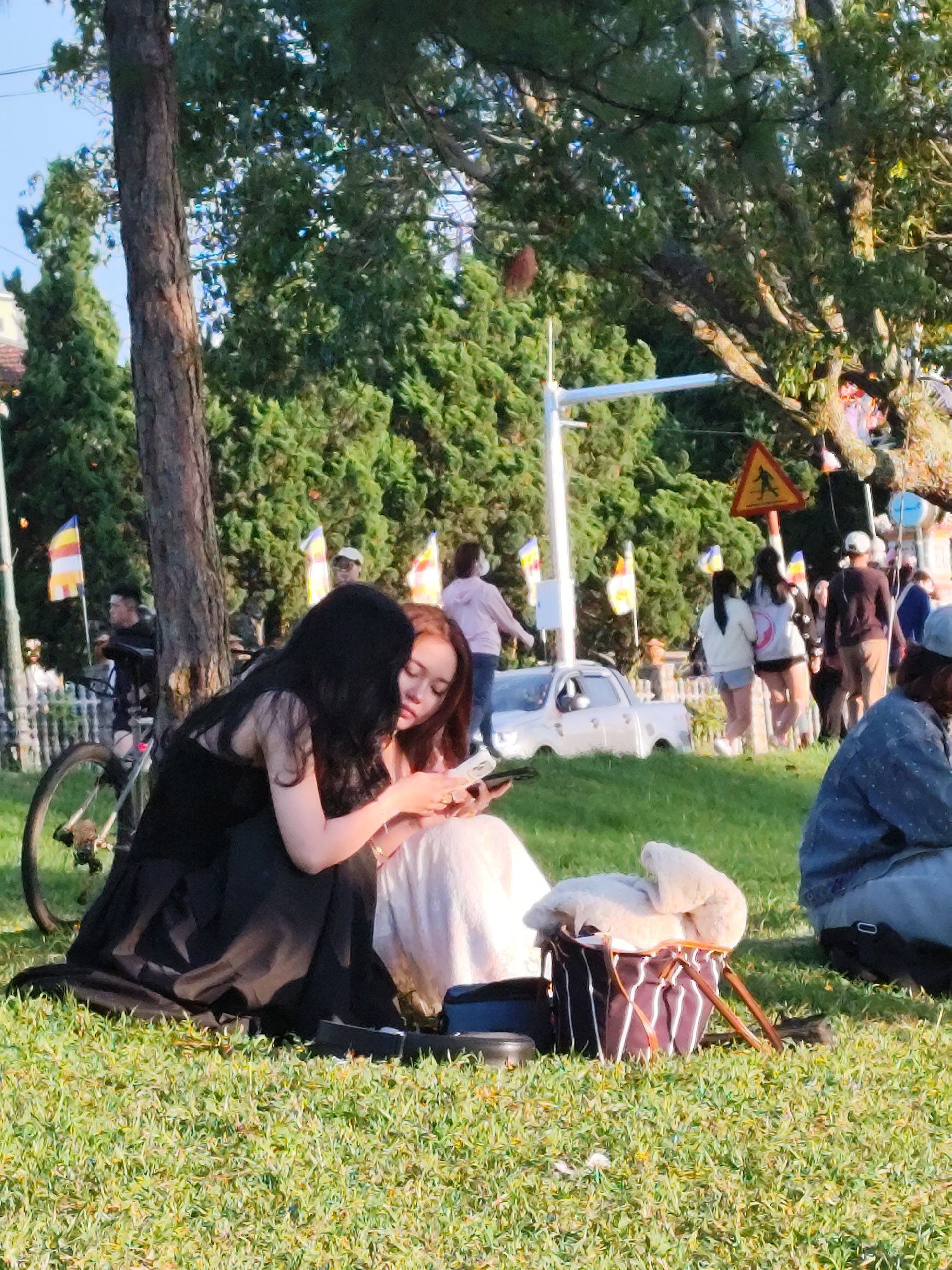 Two young women are sitting on the grass in a park. The woman on the left is wearing a long black dress and has long black hair. She is leaning forward, looking at a smartphone held by the woman on her right. The woman on the right has red-brown hair and is wearing a light-colored dress. She is also looking at the smartphone. In front of them is a striped bag filled with blankets. To the left of the women is a bicycle. The background shows trees, a street with cars, and several people walking around. There are also flags visible, suggesting a possible cultural event or festival. The overall scene appears to be a pleasant day in a public park, likely in Da Lat, Vietnam, given the presence of typical Vietnamese flags and the style of clothing worn by the people. The lighting suggests it is daytime, possibly late afternoon due to the warm tones.