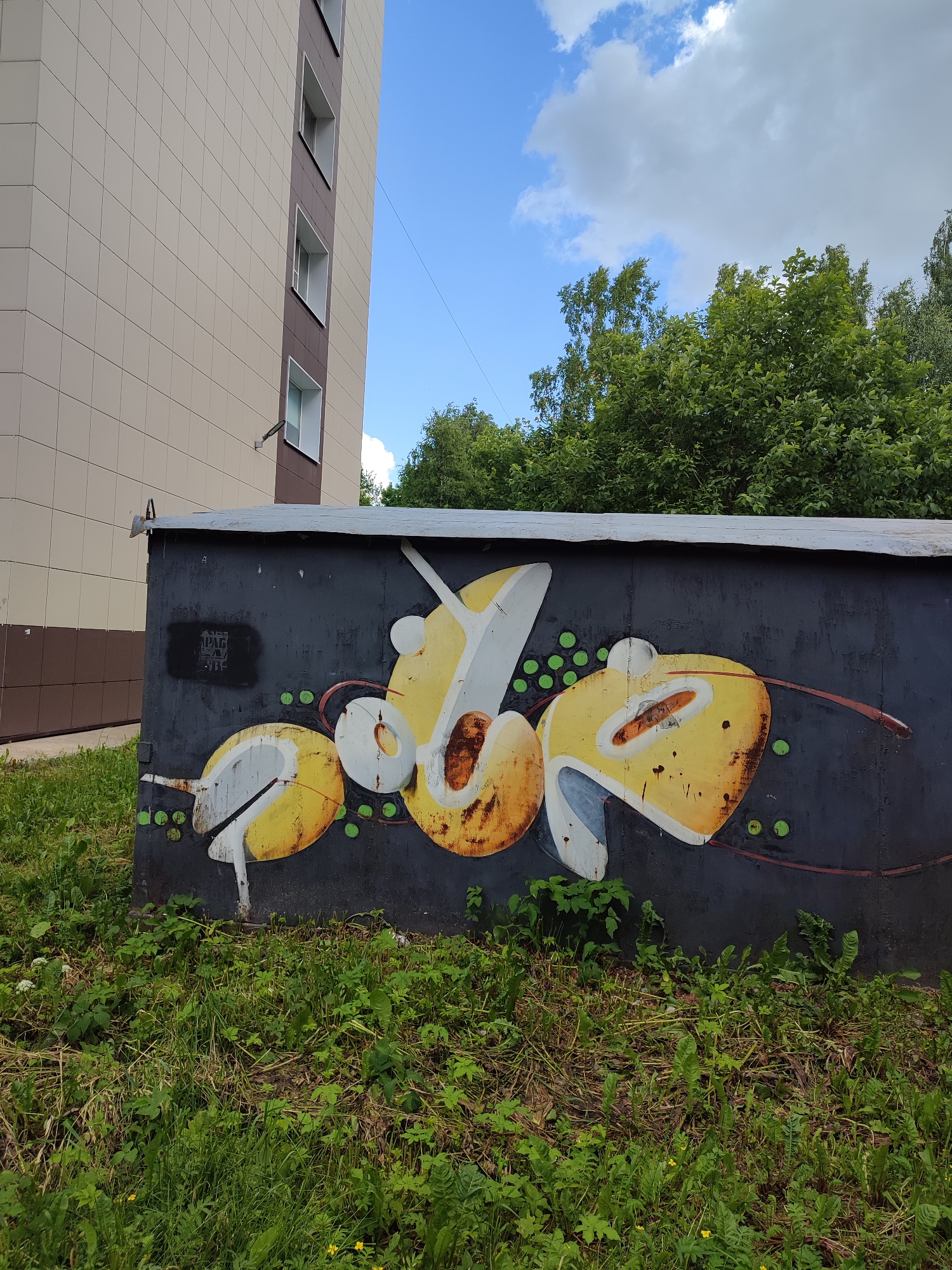 The image shows a mural on the side of a dark metal shed in Vsevolozhsk, Russia. The mural is abstract and features yellow, white, and brown shapes with red and green accents. The shed is situated in front of a modern building with beige and brown siding and several windows. Lush green grass and some yellow wildflowers grow in front of the shed. Trees with dense green foliage are visible in the background, under a blue sky with white clouds. The scene appears to be an outdoor urban environment.