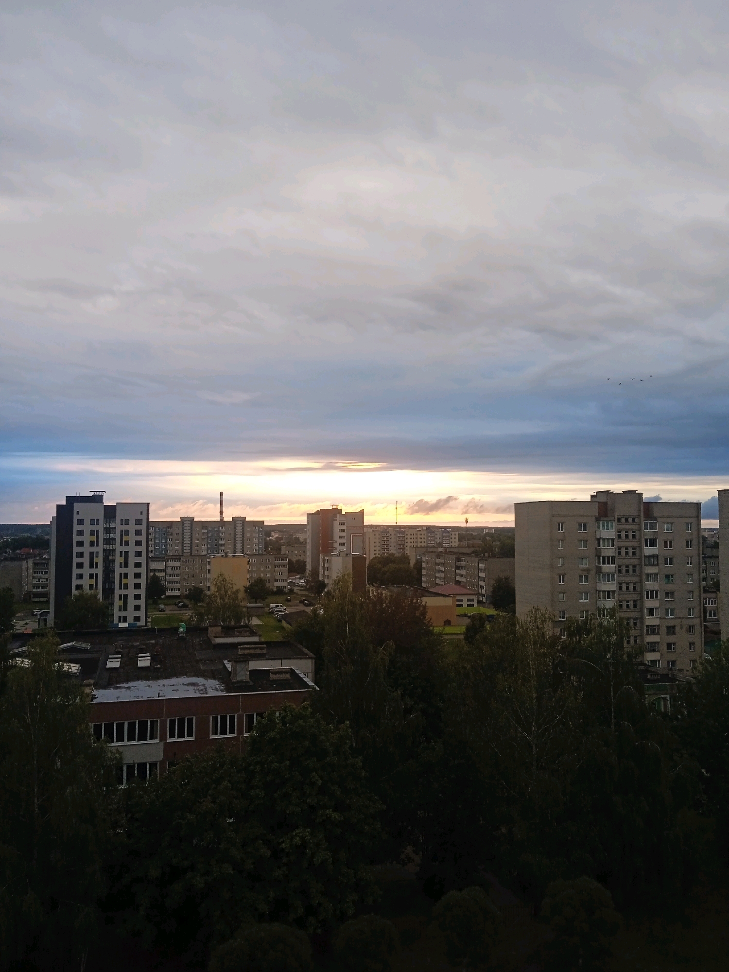 This aerial photograph captures a panoramic view of a cityscape, likely taken from a high vantage point, at dusk. The sky is filled with a gradient of clouds, transitioning from a bright, sunlit horizon to darker, heavier clouds overhead. The horizon itself is illuminated by a soft, warm glow, suggesting the sun is setting or has just set.
In the mid-ground, a dense collection of residential buildings dominates the scene. These are primarily multi-story apartment blocks, characterized by their uniform architecture, typical of Soviet-era urban planning. The buildings exhibit a range of colors from light grey to beige, with numerous windows visible. Some buildings have distinctive features like chimneys or varied facade designs.
The foreground is characterized by a canopy of trees, mostly dark green and leafy, with some taller, sparser trees interspersed. The trees partially obscure the lower portions of the buildings and the ground level, suggesting a blend of urban development and natural elements. A few vehicles are visible on the roads between the buildings.
In the far distance, the landscape appears flatter, with more buildings and vegetation extending towards the horizon. A small flock of birds is visible in the upper right portion of the sky, adding a subtle sense of life to the otherwise static scene. The overall impression is one of a typical residential district in a city, viewed during a period of low light.