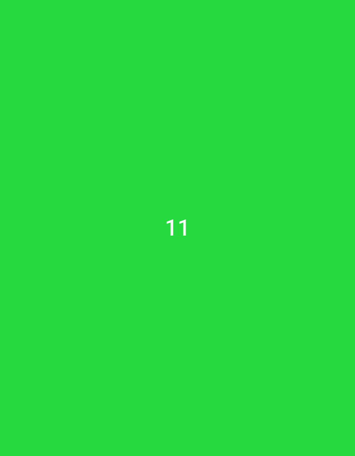 The image displays a solid, uniform green background. Centered horizontally and vertically on this background is the numeral "11" rendered in a clean, white typeface. No other subjects, objects, people, actions, or environmental details are discernible within the frame. The scene presents an abstract, two-dimensional graphic.
