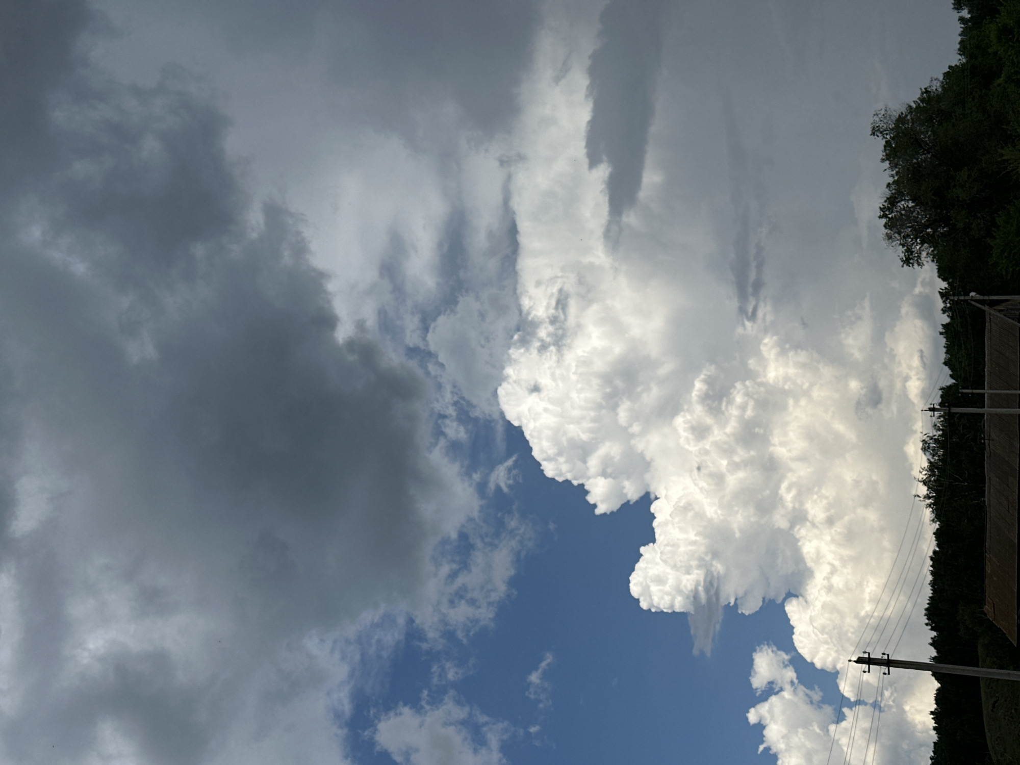 The image shows a dramatic sky filled with a mix of dark, ominous storm clouds and bright, fluffy cumulus clouds. The lower portion of the image features a dark line of trees, a partially visible roof of a building, and a utility pole with wires. The scene appears to be an outdoor landscape, possibly in a rural or suburban setting, with the focus on the dynamic weather conditions. There are no people or explicit actions depicted.