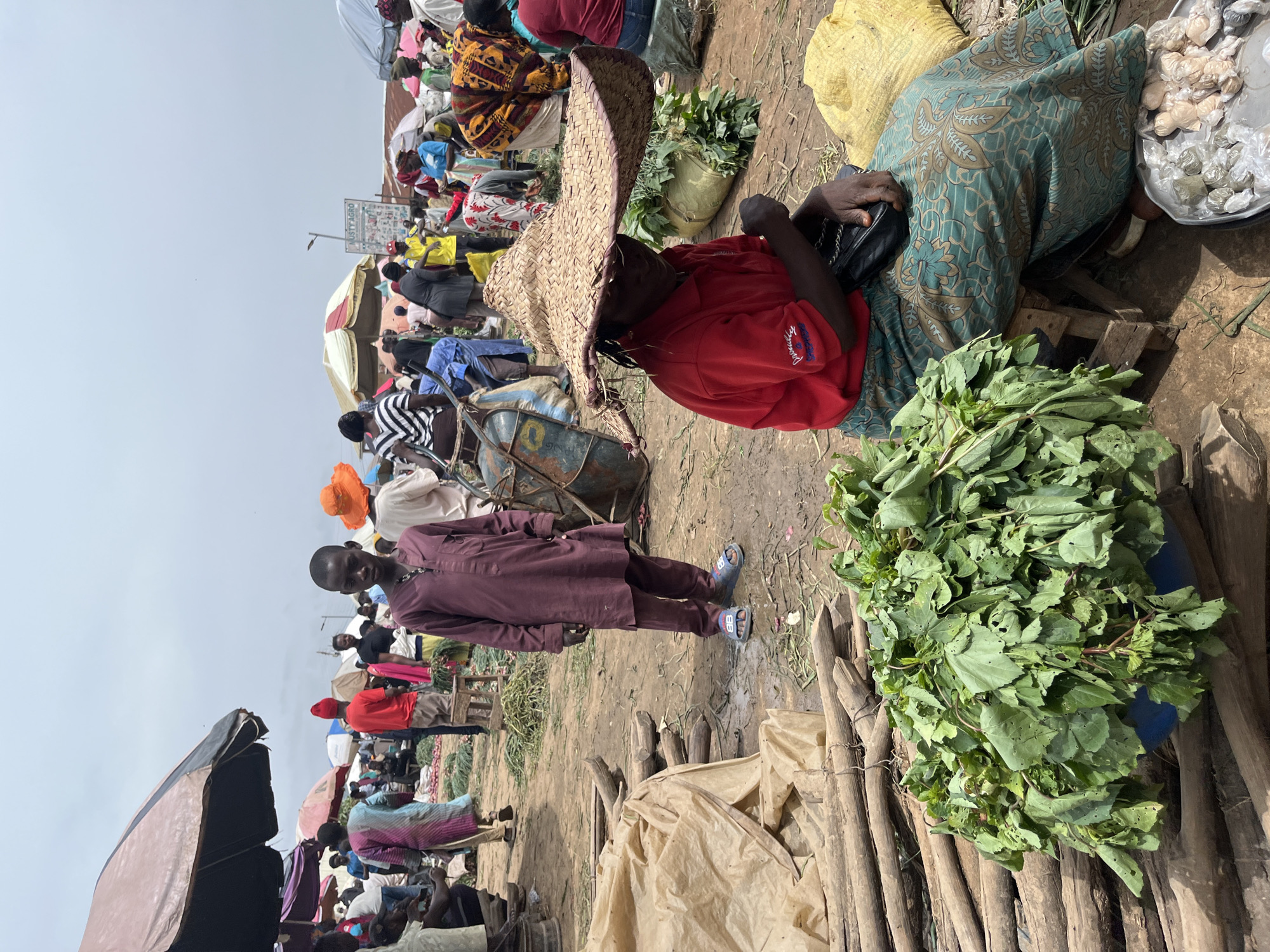 The image depicts a bustling marketplace in Rafin Par, Nigeria. A young boy in a maroon tunic and pants stands in the foreground, looking towards the camera. To his right, a woman wearing a large straw hat and a red shirt sits with a black purse on her lap, appearing to be a vendor. Her patterned green and brown skirt is visible. In front of her, a metal tray holds several small bags containing a granular substance, likely spices or food items. Behind the woman, a large pile of green leafy vegetables is visible, with more vegetables and bundles of dried goods scattered throughout the marketplace. Several market stalls with umbrellas are set up in the background, with a variety of people engaged in various activities. The ground is dirt and appears to be slightly damp. The overall atmosphere suggests a lively trading environment.