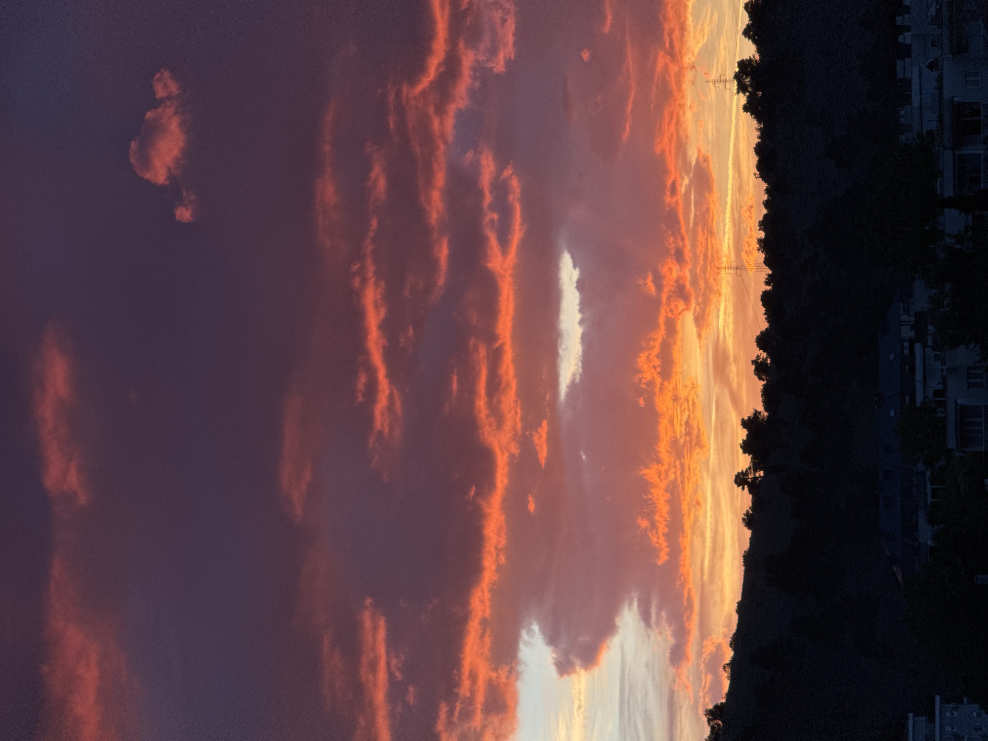 The image shows a sunset over Podgorica, Montenegro. The sky is filled with orange and purple clouds. A treeline and some buildings are silhouetted against the sky. There is a power grid visible in the distance.