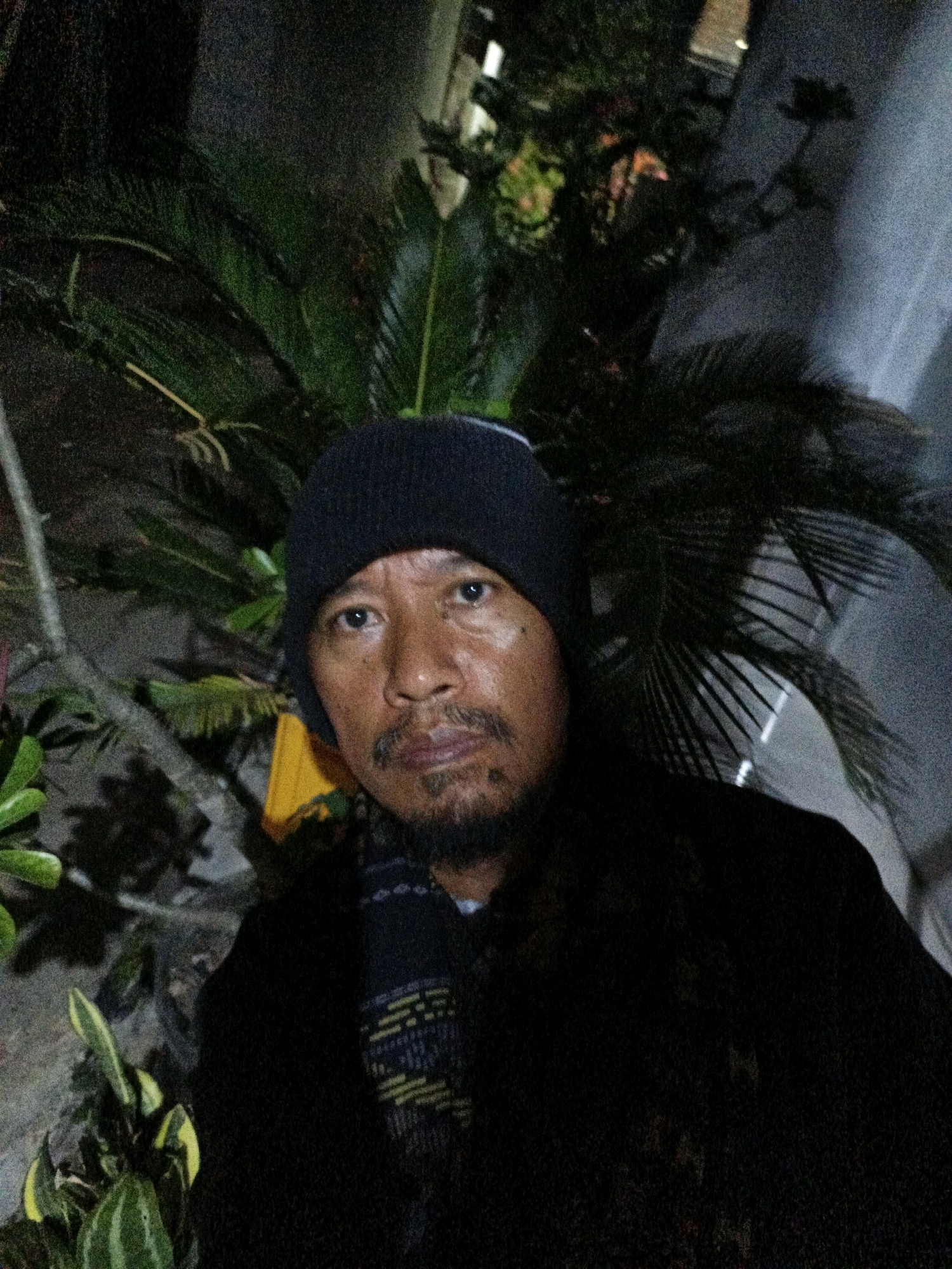 A close-up selfie shows a middle-aged man with dark skin, a goatee, and mustache, wearing a black beanie and a dark jacket over a patterned scarf. He is outdoors at night, with lush green foliage in the foreground and background, suggesting a tropical environment. A hint of a yellow object is visible behind him. The lighting is dim, casting shadows and creating a grainy effect on the image. The man's gaze is directed towards the camera. The background appears to be a residential area in Tanahbaya, Indonesia, characterized by its dense vegetation and night-time ambiance.