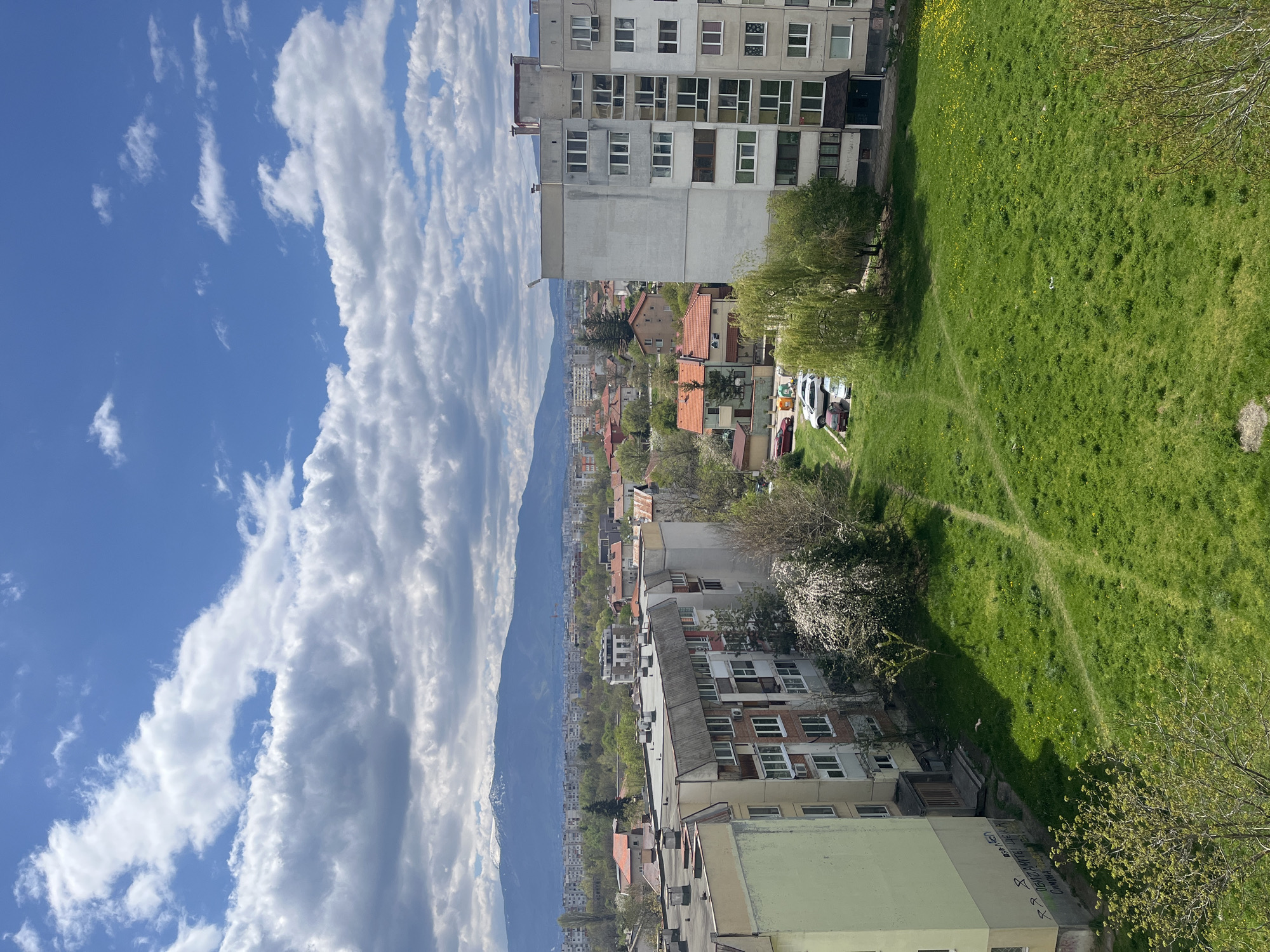 The image presents a view of a city landscape with a mountain range in the distance, observed on a bright, sunny day with a blue sky partially covered by large, fluffy white clouds. Closer to the viewer are residential buildings of varying heights and architectural styles, including a taller, concrete apartment block and smaller houses with red-tiled roofs. A grassy area is adjacent to these buildings, showing diagonal paths and scattered yellow flowers. Cars are parked near a cluster of trees. The picture gives a perspective of Sofia, Bulgaria, with Vitosha Mountain visible in the background.