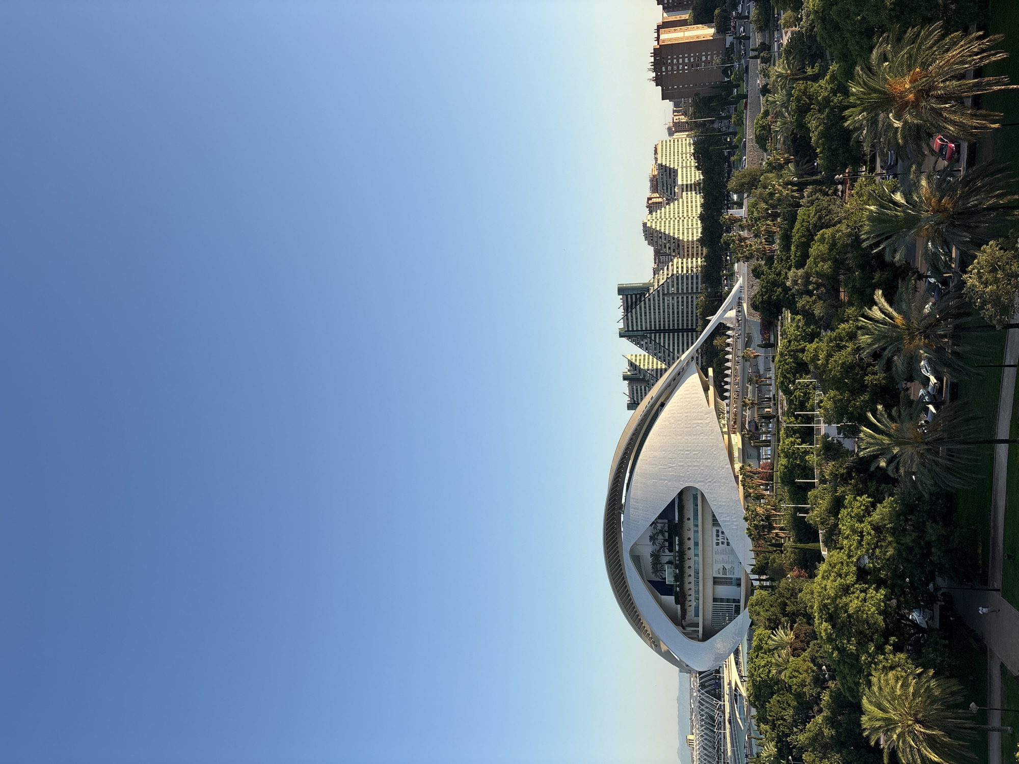 The image captures a daytime view of the City of Arts and Sciences in Valencia, Spain. The foreground is dominated by lush green trees and palm trees, with a paved pathway visible in the lower section where a solitary figure walks. Behind the trees, the iconic architecture of the City of Arts and Sciences is prominent, particularly the striking white, shell-like structure of L'Hemisfèric. Further in the background, a cluster of distinctive triangular apartment buildings, characteristic of the region, rises against a clear blue sky. Roads with vehicles and other buildings are also visible, suggesting an urban environment. The lighting indicates it is likely late afternoon or early morning, given the soft sunlight casting shadows.