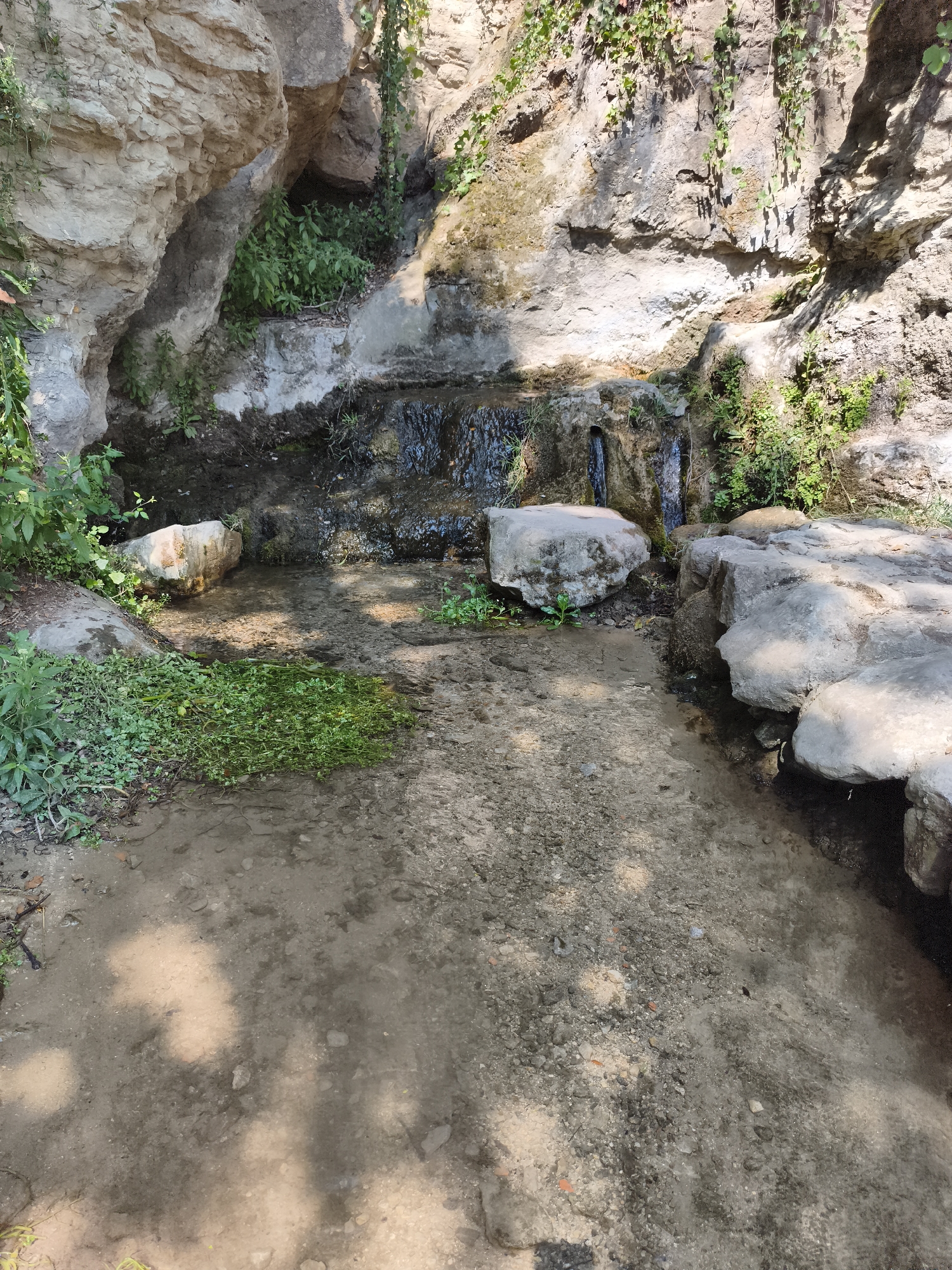 The image depicts a natural scene within Centelles, Spain, featuring a small, shallow stream flowing over rocks and sandy ground. Lush green vegetation, including vines and ground cover, thrives along the rocky outcrops and stream banks. Sunlight filters through the foliage, casting dappled shadows on the water and surrounding terrain. Several large rocks are scattered throughout the scene, some partially submerged in the stream. The environment appears tranquil and undisturbed, suggesting a secluded natural spot. There are no people or animals visible in the image, nor are any specific actions or interactions taking place. The overall impression is one of a serene, natural setting within the city.