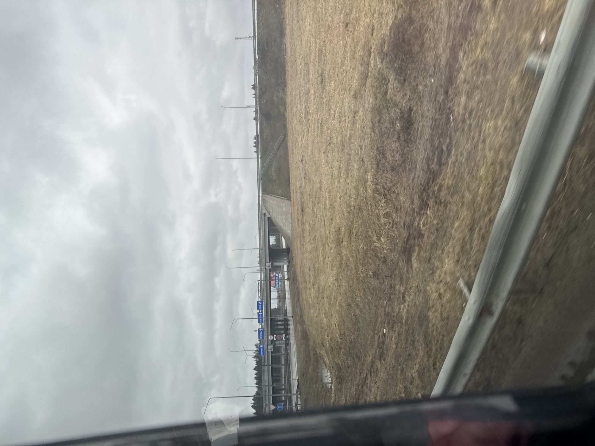 The image depicts a view from a moving vehicle, likely a car, on a highway near Kukushtan, Russia. The sky is overcast and cloudy. To the right of the frame is a grassy embankment with dry, yellowed vegetation. A guardrail is visible on the right, close to the vehicle. On the left, a highway overpass is present with traffic signs and streetlights. The area appears to be on the outskirts of the town, with some trees in the distance.