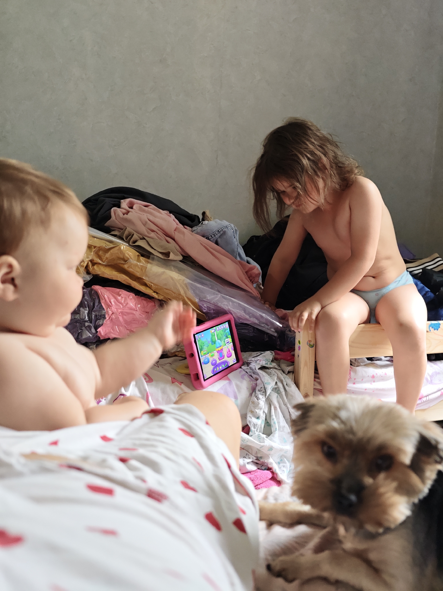 This indoor scene, set in Chaikovsky, Russia, features two young children and a small dog amidst a casual, lived-in environment. In the left foreground, a baby or young toddler, bare-chested, is seen from the back-left, reaching out with one hand. They are sitting on white bedding patterned with red hearts.
To the right, an older child, appearing to be a preschooler, is also bare-chested and wearing light blue underwear, sitting on a small wooden stool. This child, with light brown hair, is looking down intently, seemingly focused on a pink tablet or items surrounding it.
A small dog, resembling a Yorkshire Terrier, is partially visible and slightly out of focus in the bottom right, looking towards the viewer.
The backdrop consists of a large, cluttered pile of clothes, some folded, others appearing to be in vacuum-sealed storage bags (gold, pink, and clear). Behind this, a simple, light grey textured wall completes the background. The pink tablet, prominently placed between the children, displays a colorful interface, likely a children's game or app with various cartoon icons and elements. The children appear engaged with the digital content. The lighting is soft and even, suggesting it is daytime. The scene conveys a sense of everyday domestic activity and playtime.
