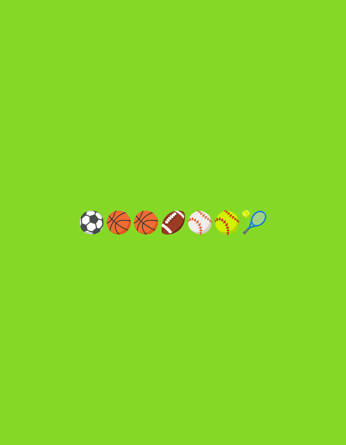 A row of sports balls and a tennis racket are centered on a bright green background. From left to right, the objects are a soccer ball, two basketballs, an American football, a baseball, a yellow ball that could be a softball or tennis ball, and a tennis racket. There are no people or environmental elements visible. The image is a simple graphic illustration.