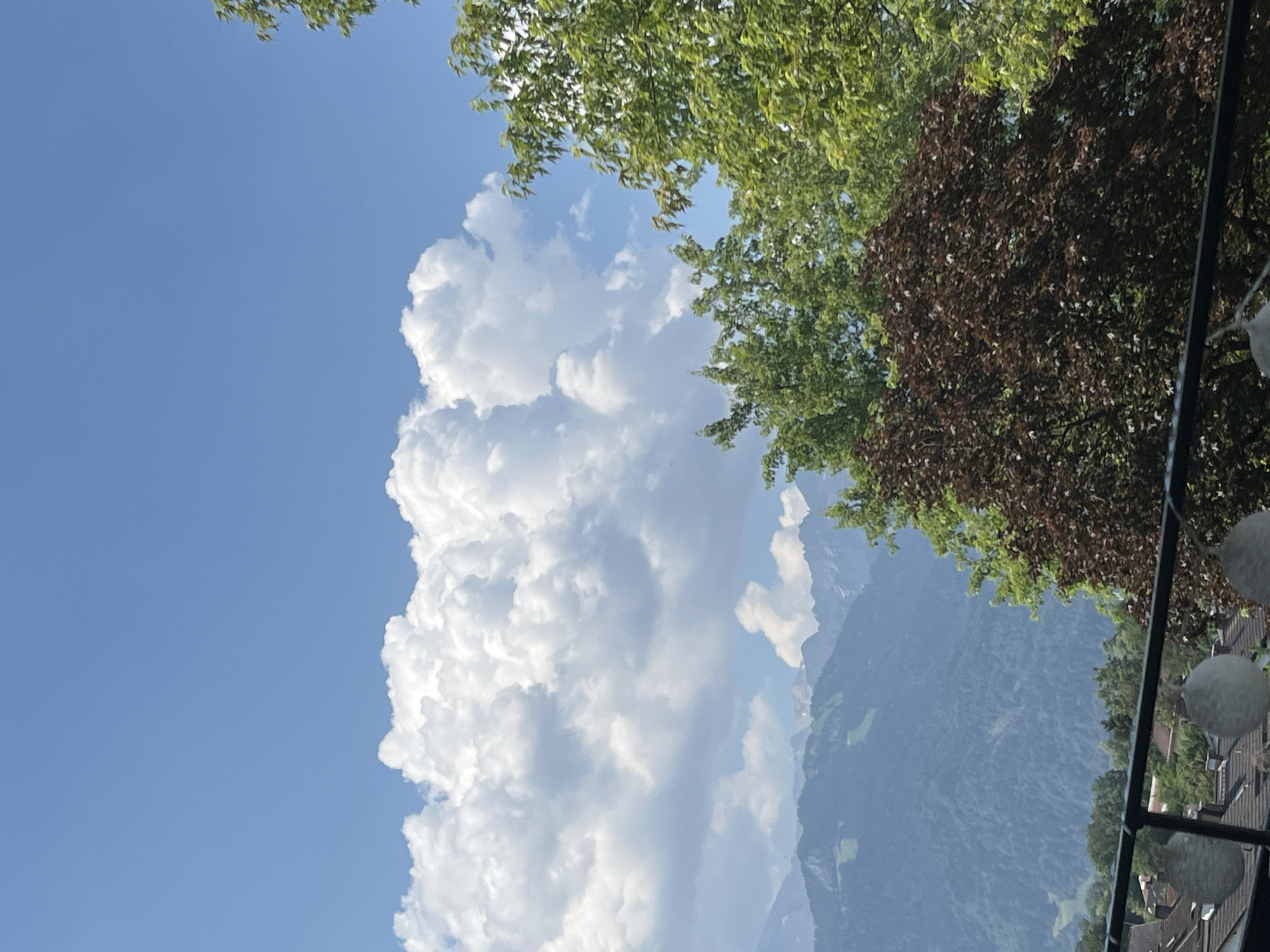 The image depicts a mountainous landscape under a bright blue sky dotted with large, fluffy white clouds. In the foreground, a black railing with several hanging spherical decorative objects is visible. Beyond the railing, a dense forest with varying shades of green and a tree with dark red foliage dominate the mid-ground. In the background, a range of majestic, hazy blue mountains stretches across the horizon, with some lighter, snow-capped peaks visible in the distance. The overall impression is a serene natural scene, likely taken from an elevated viewpoint in or near Garmisch-Partenkirchen, Germany, given the mountainous terrain. There are no people or animals visible in the image.