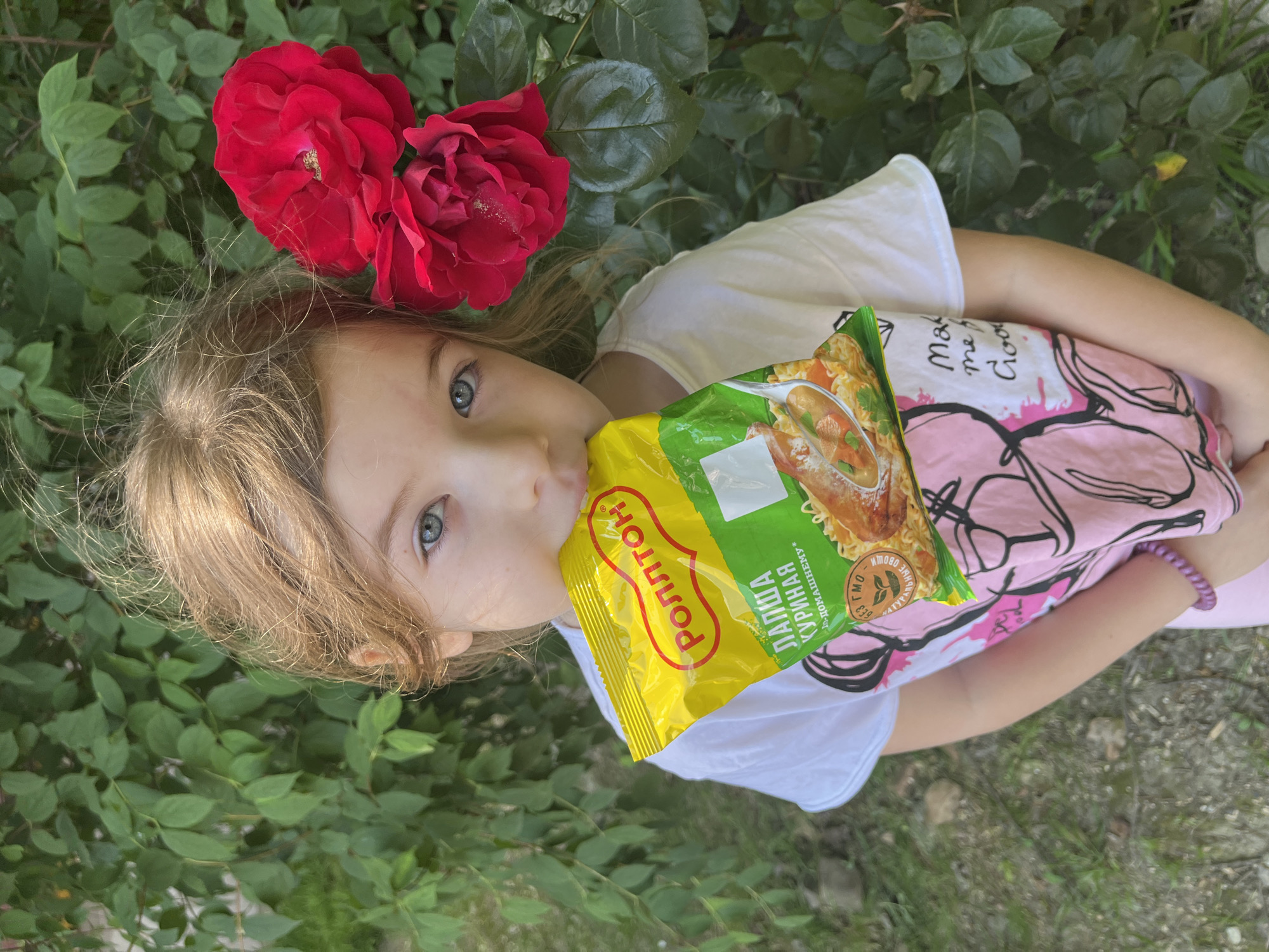 A young girl with blonde hair and blue eyes is standing outside, holding a package of instant noodles to her mouth. She is wearing a white t-shirt with a pink design and a purple bracelet. Behind her is a bush with green leaves and two red roses. The scene appears to be in a garden. There is no indication of the city of Sochi, Russia in the image.
