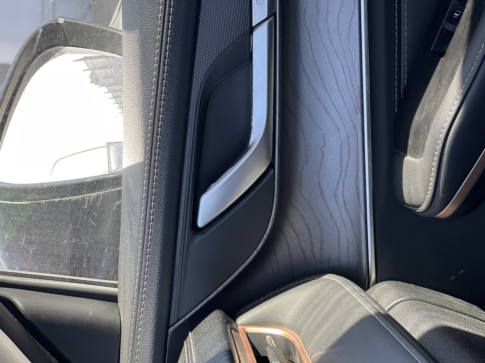 The image shows the interior of a car, specifically the door panel and parts of the seat. The door panel is a mix of materials, including stitched leather, textured plastic, and a wood-grain finish. A silver-colored door handle is visible. The seat is leather with copper trim. The side mirror is also visible through the open window. There is no indication of the image being from Moscow, Russia.