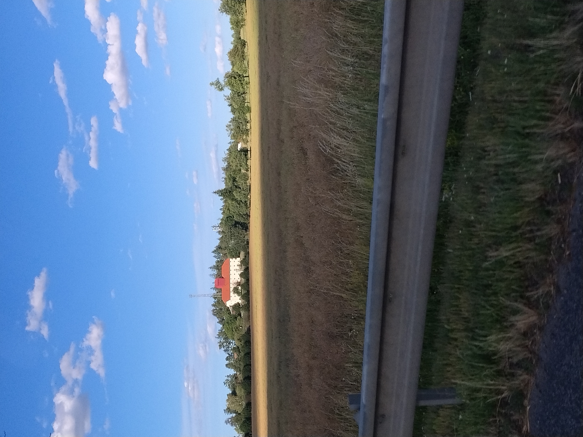 The image displays a rural landscape under a blue sky with scattered white clouds, taken from a roadside. In the foreground, a metal guardrail with support posts runs horizontally across the bottom of the frame, separating the road from a field. The field is covered in dry, tall grass and some sparse greenery. In the middle ground, a line of trees borders the field, and beyond them, a building with a red roof is visible, possibly a farmhouse or estate. A tall communication tower stands behind the building. The background consists of more trees and the sky. The scene is static and appears to have been captured during daylight. The location is identified as Drhovle Zámek, Czechia.