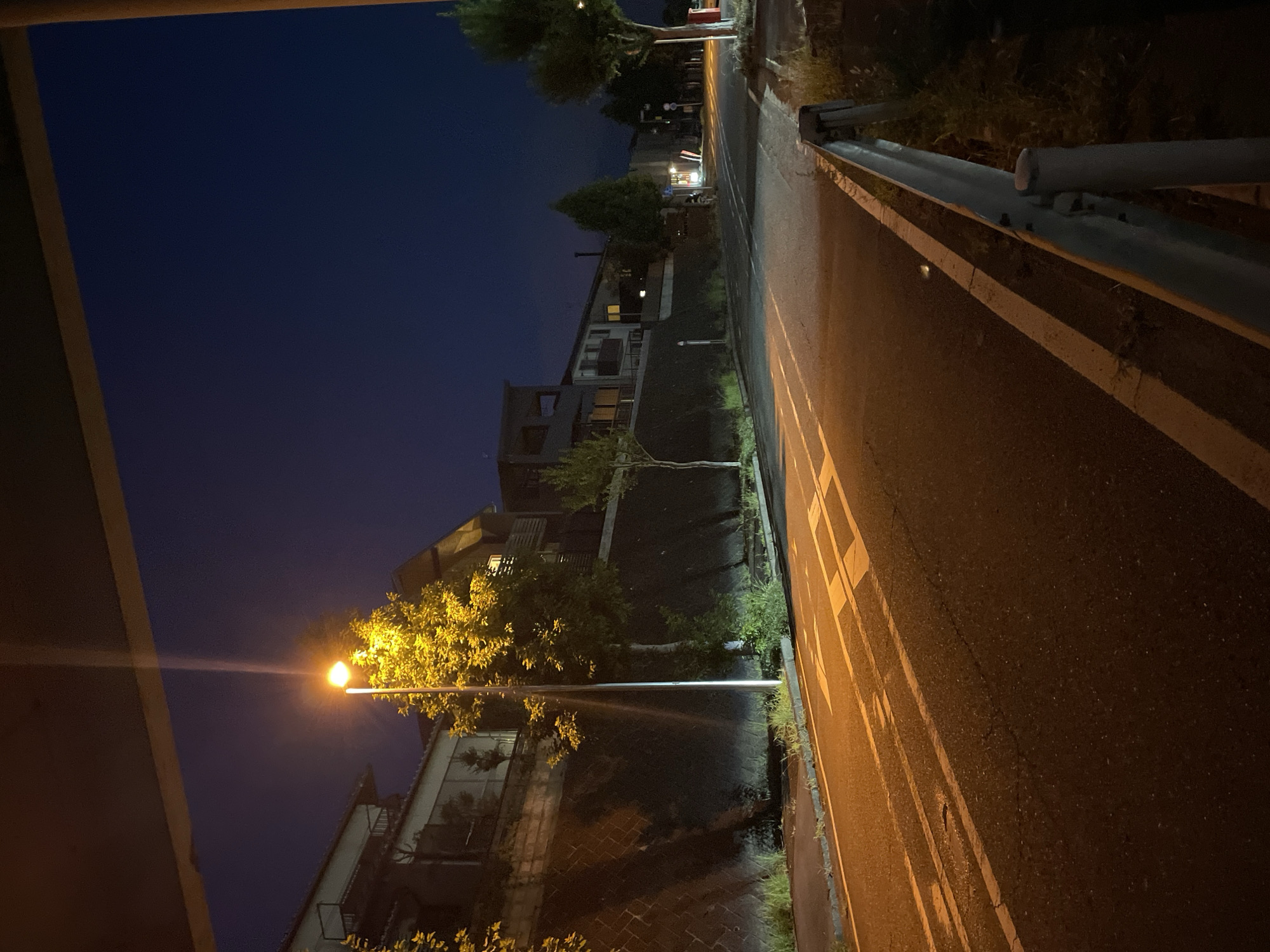 The image depicts a street scene at night in Otsu, Japan. A road with yellow lane markings runs diagonally across the frame, illuminated by a streetlamp and house lights. The street is bordered by a retaining wall on the left, topped by residential buildings, and a metal guardrail on the right. Dense vegetation and trees line the roadside and the slope behind the wall. The sky is a deep, dark blue, indicating nighttime. No people or vehicles are visible in the scene.