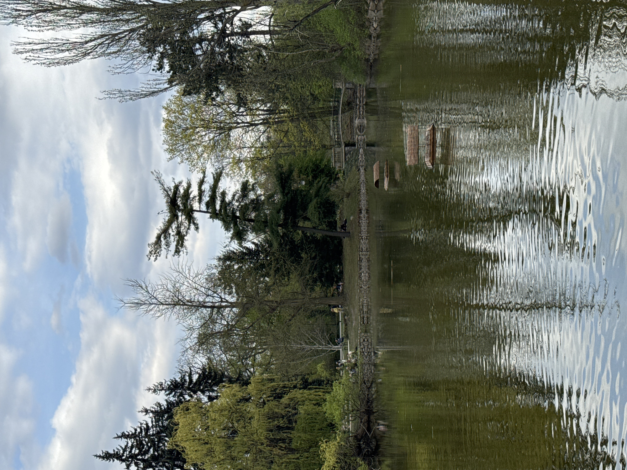 The image shows a view of a pond, likely in a park setting, within the city of Warsaw, Poland. The pond has a textured, reflective surface, capturing the colors of the sky and the surrounding foliage. Trees line the perimeter of the pond, their branches extending towards the water. Along a bank is a decorative stone wall. In the distance, there's a hint of a bridge or walkway spanning across the water. A platform appears to be floating in the pond. The sky above is partly cloudy with patches of blue.