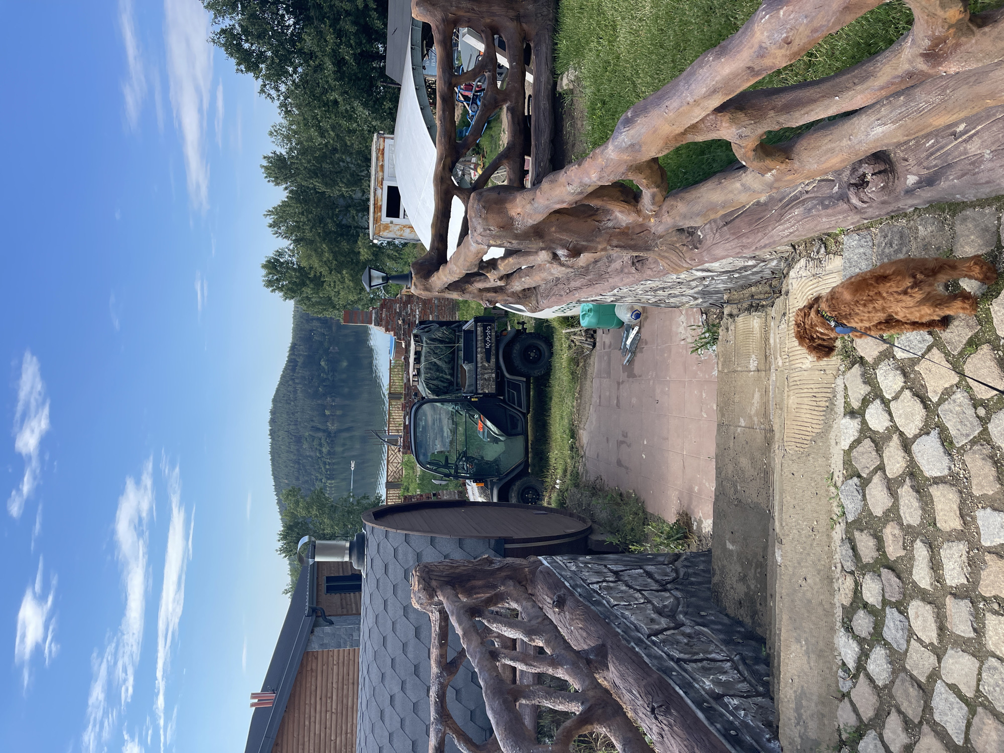 This detailed outdoor image, captured in Koprinka, Bulgaria, presents a recreational area situated alongside a large body of water, likely a lake or reservoir. The vantage point is from an elevated position, looking downwards along a set of stairs.
In the immediate foreground, a small, reddish-brown, curly-haired dog, wearing a blue harness and leash, is depicted walking away from the camera down a set of stairs. The stairs consist of irregularly shaped, multi-colored cobblestones at the bottom, transitioning to a rough concrete surface. These stairs are flanked by decorative railings constructed from molded concrete designed to mimic the appearance of gnarled wooden logs and branches, supported by a textured stone-like base wall on the left.
The midground reveals a paved pathway at the foot of the stairs. To the left of this path is a barrel-shaped outdoor structure with a dark shingle roof, possibly a sauna, and behind it, a rustic log cabin-style house featuring a dark roof and a prominent silver cylindrical chimney. A dark green Kubota utility vehicle with camouflage accents on its rear bed, where a tarp-covered load is secured, is parked on the paved area, facing the water. To the right of the path, a green plastic container and several plastic bottles are scattered on the ground. The right-hand railing incorporates a black lamp post with a circular top. Further right, a grassy expanse is visible, containing a rusty metal shipping container and a makeshift white tarp shelter.
The background is dominated by a calm expanse of water, reflecting the clear blue sky above, which is dotted with a few scattered white clouds. On the opposite side of the water, a densely forested mountain or hillside rises prominently. A small, light-colored object, consistent with a boat, is visible on the water's surface in the distance.