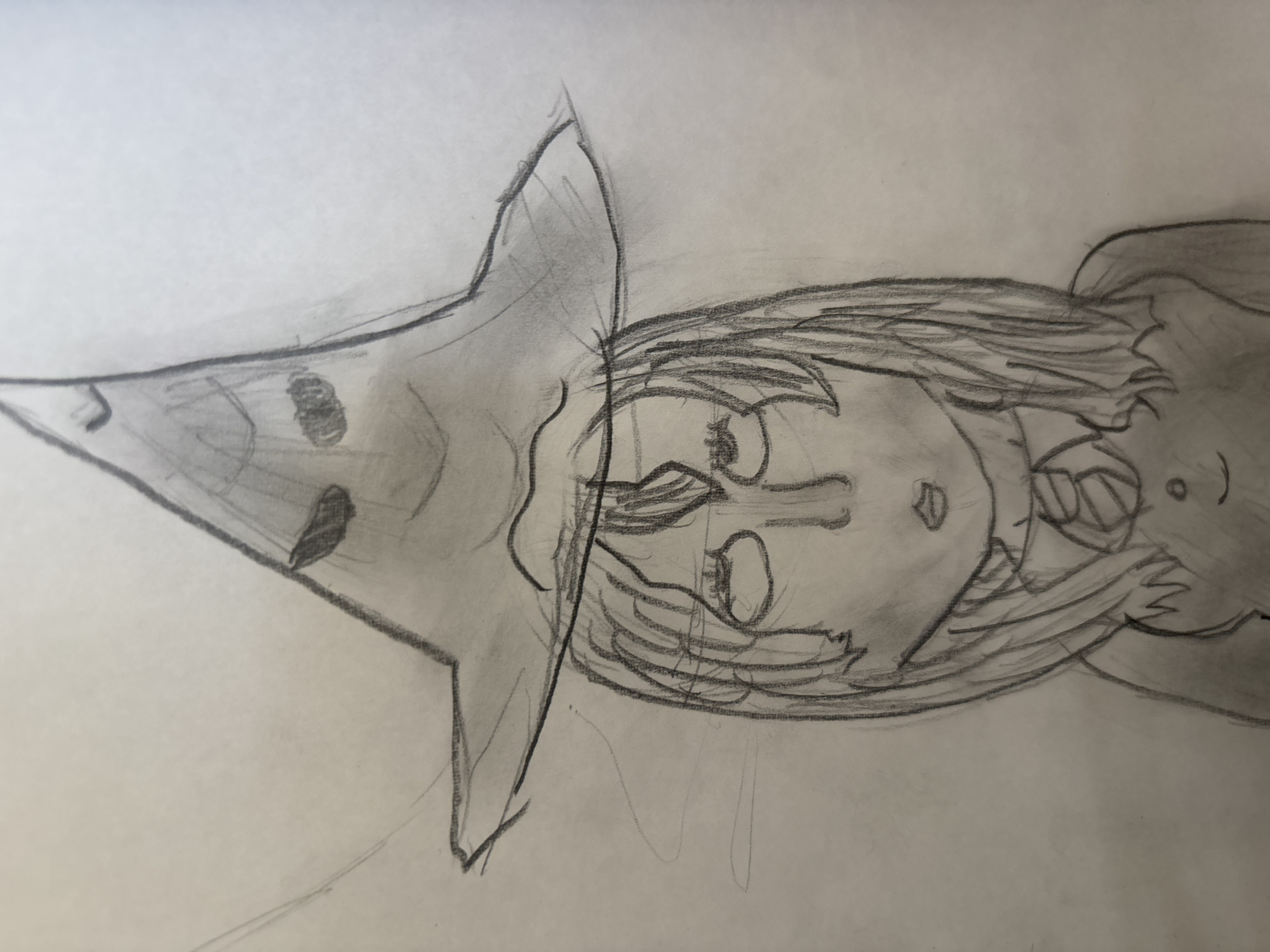 This is a pencil sketch of a person wearing a pointed hat that resembles a witch's hat. The hat casts a shadow over the upper part of the face, obscuring the eyes. The face has a small mouth and a visible nose. Long hair falls around the shoulders. The sketch is of a single person. The drawing is on a piece of paper, and there is no indication of a specific city, country, or location within the image itself.