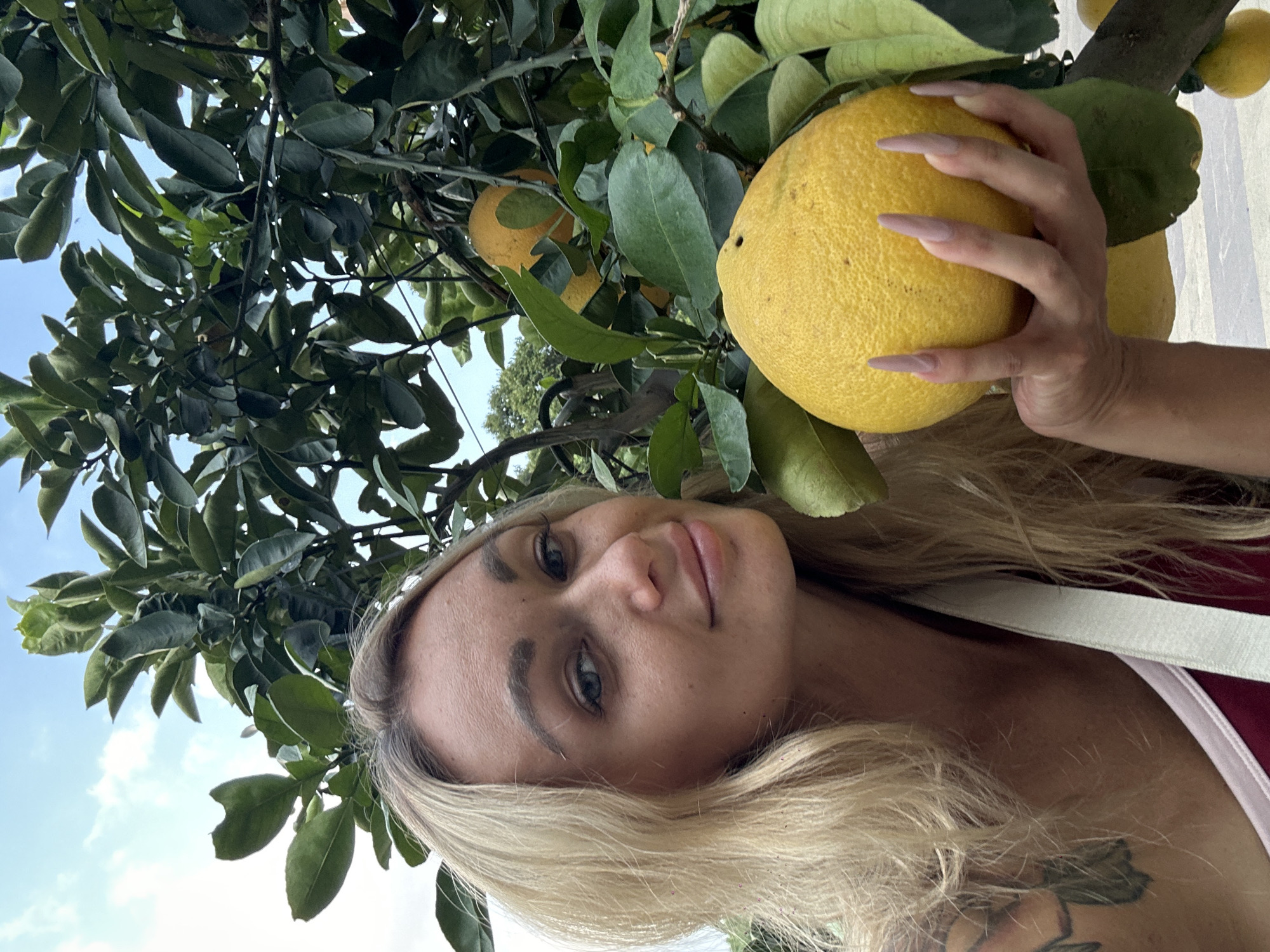 A woman with blonde hair and long fingernails is holding a large, yellow citrus fruit on a tree with green leaves against a backdrop of a partly cloudy sky. The woman is wearing a red top with a white strap. The tree contains other citrus fruits, smaller in size than the one she holds. There is no evidence to suggest that the image was taken in Ho Chi Minh City, Vietnam.