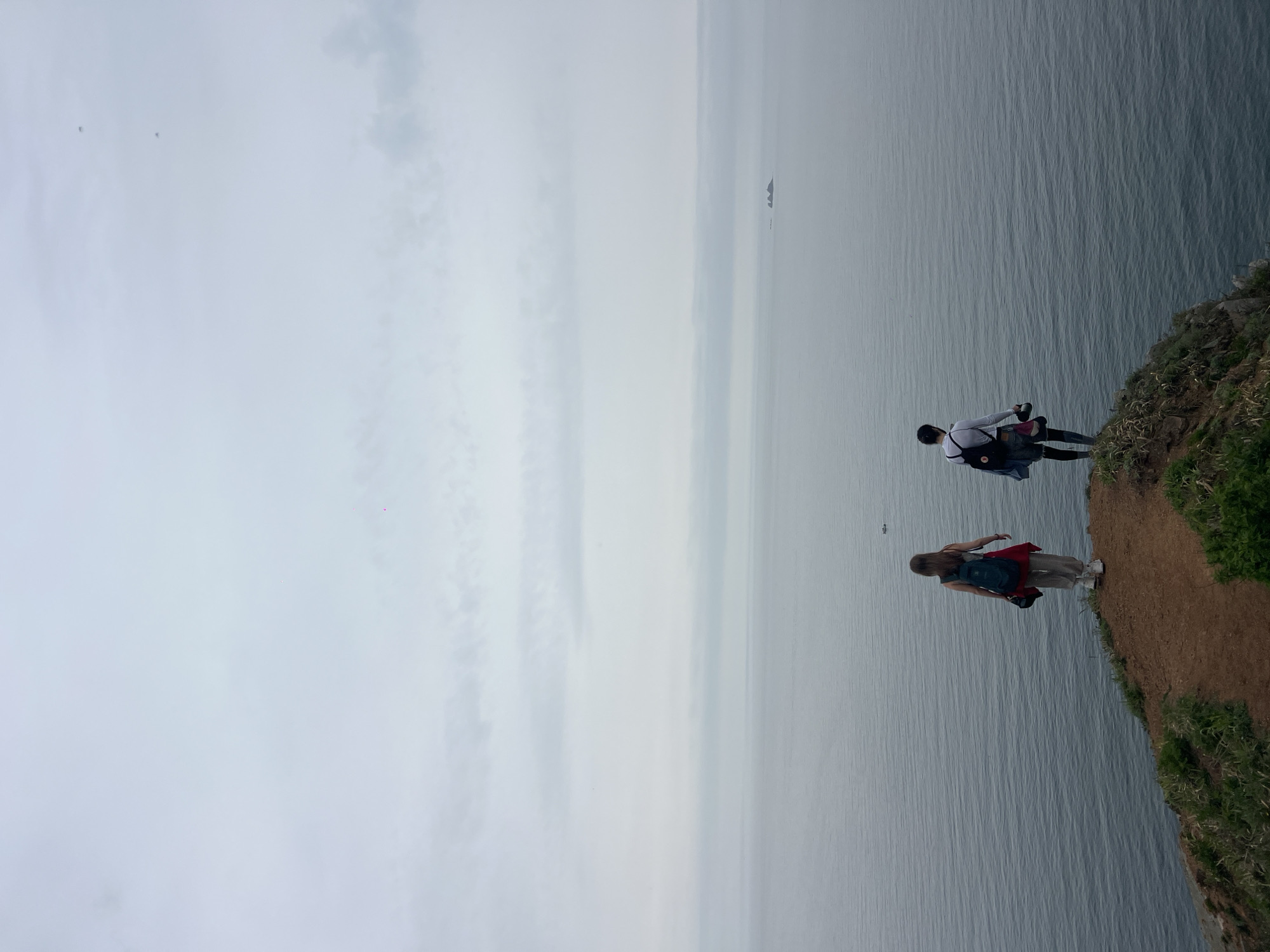 A high-angle landscape shot depicts two individuals standing at the edge of a cliff overlooking the sea. The location is Russkiy Island, Russia. The sky is overcast with a uniform gray. A wide expanse of water fills the frame, stretching toward the horizon. In the distance, ships can be seen. The cliff's edge is covered in vegetation. The individuals are standing close to the precipice; one is wearing light-colored pants, a red top, and has a backpack, while the other is wearing dark pants and a white top with a bag slung over their shoulder. The scene appears to be taken during daylight.