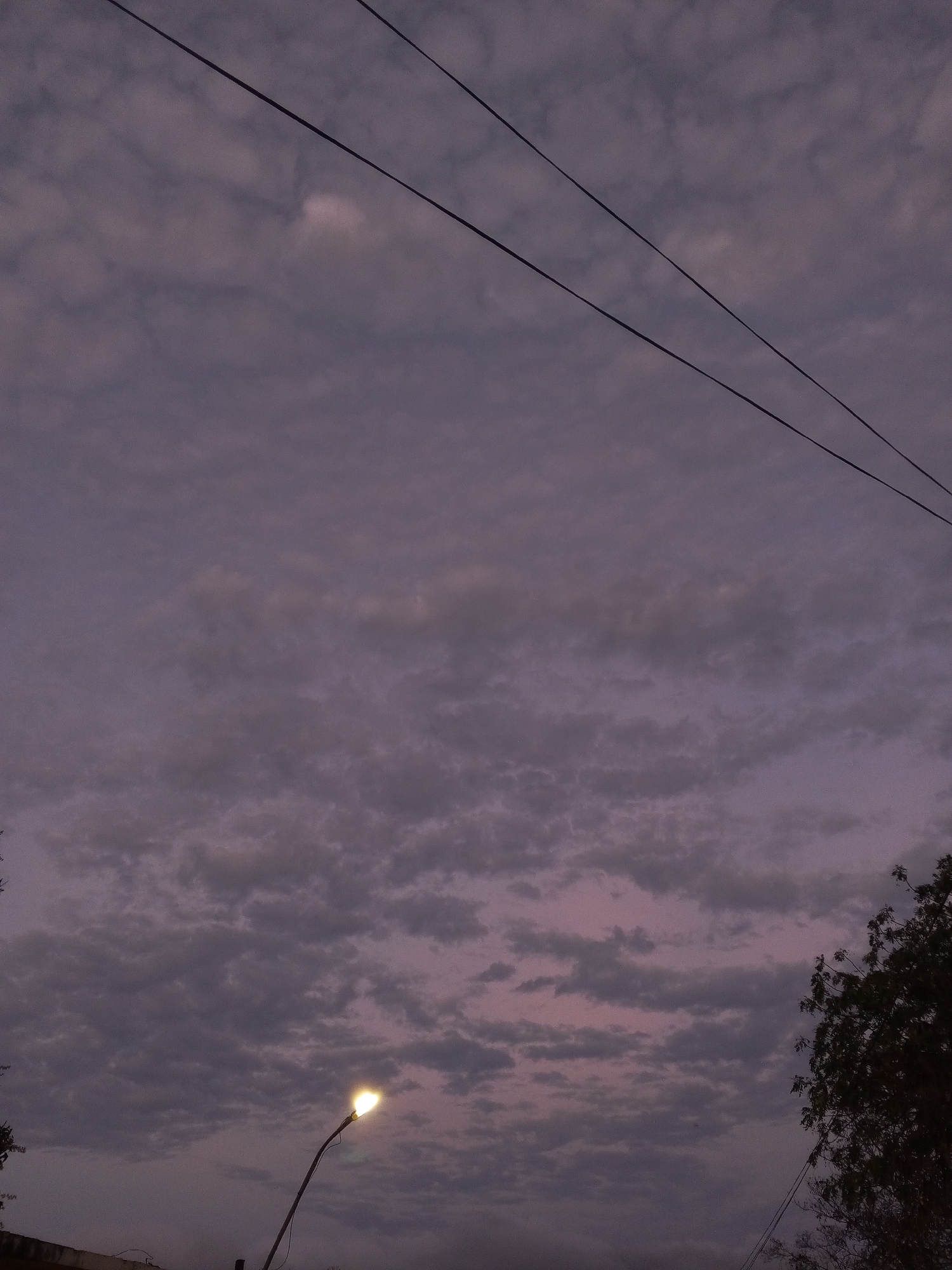 The image shows a twilight scene in a city, the specific location being Unknown, Unknown. The sky is filled with dense, grey clouds with hints of a pinkish-purple hue on the horizon. Two black power lines diagonally cross the upper right corner of the frame. In the lower part of the image, a street lamp glows brightly, illuminating a small area. Vegetation, including trees, is visible at the lower right corner, and rooftops can be discerned at the bottom edge of the frame.