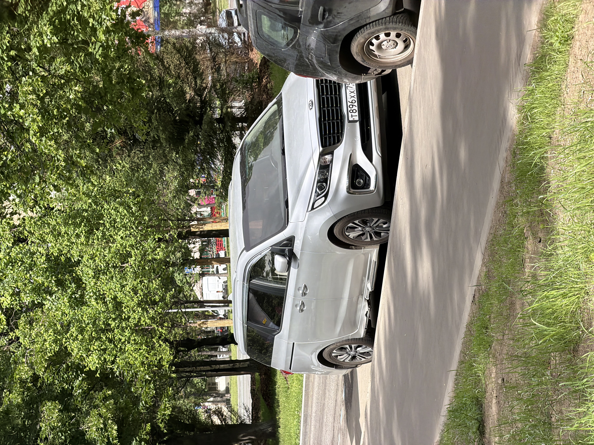 A silver Kia minivan with license plate "T896XX79" is parked on a paved road alongside a grassy area. The location appears to be an urban or suburban neighborhood with mature trees providing shade. Another dark-colored vehicle is partially visible next to the minivan.