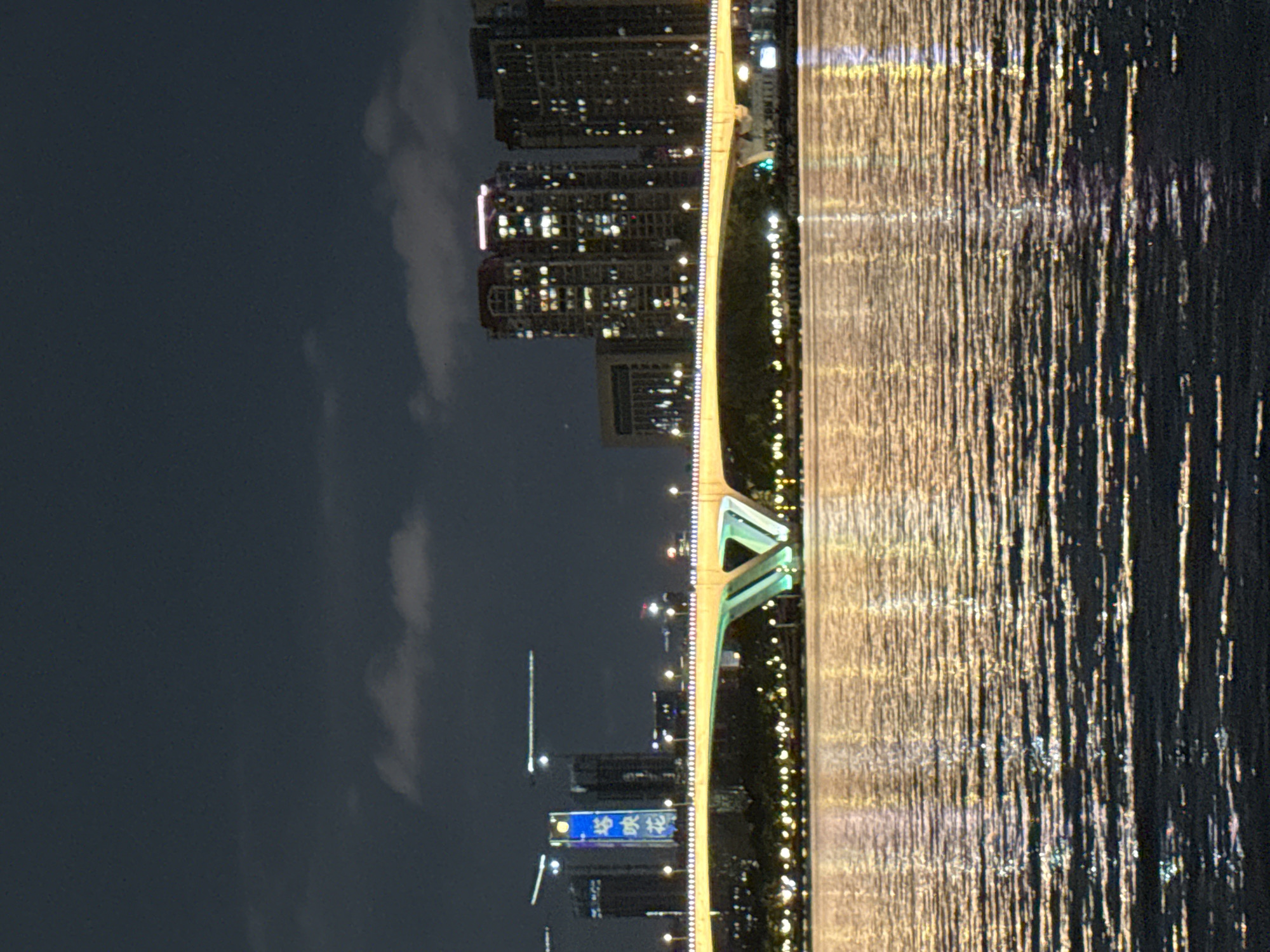 The image depicts a nighttime urban landscape in Haizhu District, China, featuring a illuminated bridge spanning a wide body of water. The sky is dark with subtle cloud formations. In the foreground, the water reflects the city lights as elongated, shimmering streaks due to surface ripples.
A modern cable-stayed or arch bridge dominates the midground, illuminated with warm-toned lights lining its deck. The central support structure of the bridge features a distinctive V-shape, highlighted with cool-toned blue and green lighting.
On the left bank beyond the bridge, several high-rise buildings are visible, some appearing to be under construction with visible cranes. One prominent tall building displays a vertical illuminated sign in blue with white Chinese characters, which read "塔映花" (Tǎ Yìng Huā). On the right bank, a cluster of multi-story buildings with numerous illuminated windows indicates residential or commercial activity, alongside a larger, darker building with a distinct architectural outline. No individuals are discernible in the scene.