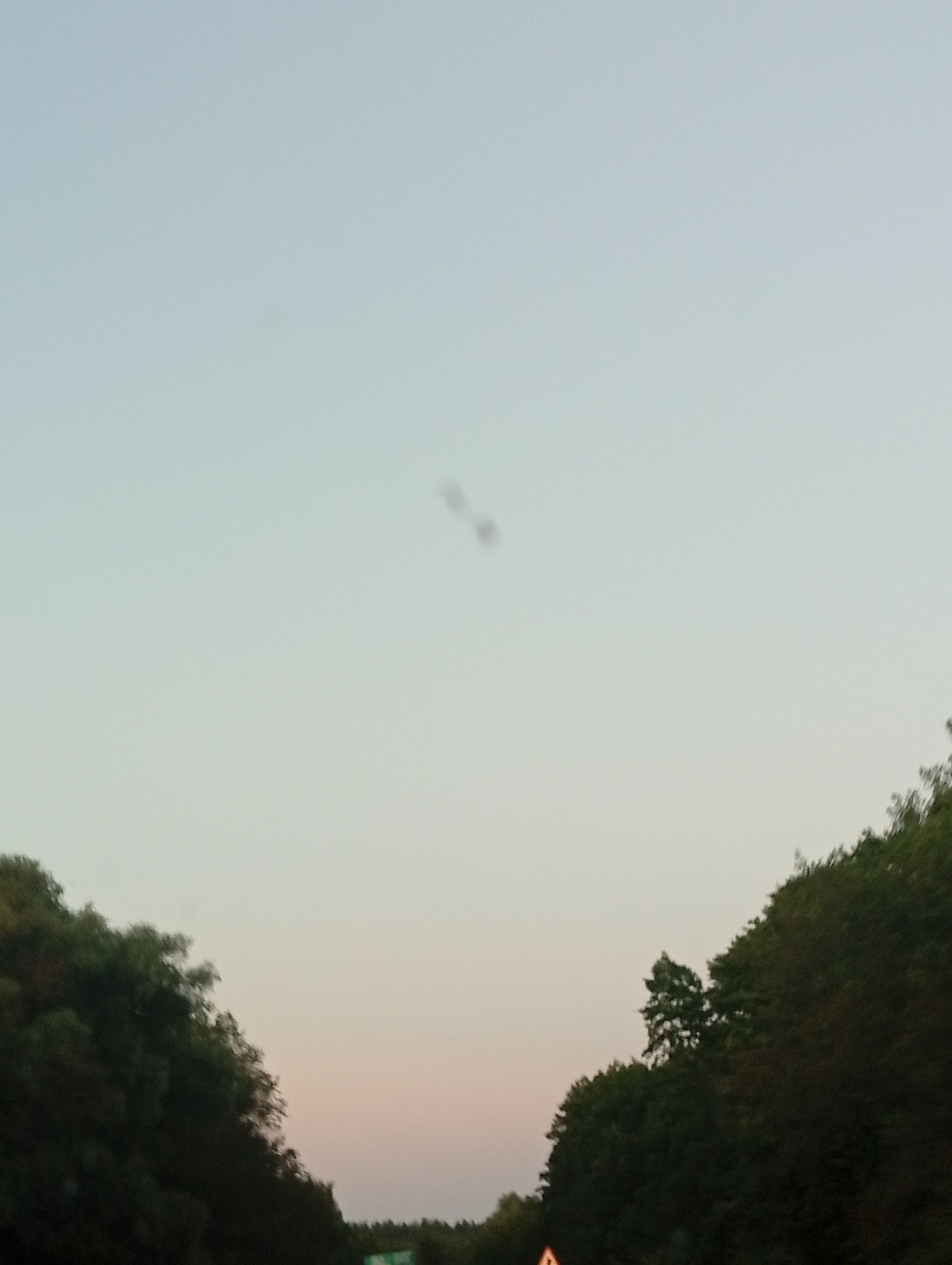 The image shows a wide-angle shot of a sky with two dark spots, possibly a lens artifact or something in the atmosphere. Below the sky are the tops of trees, with some foliage visible on the left and right sides of the frame. The sky appears to be transitioning from day to evening, with a soft gradient of light colors. The overall scene is calm and serene.