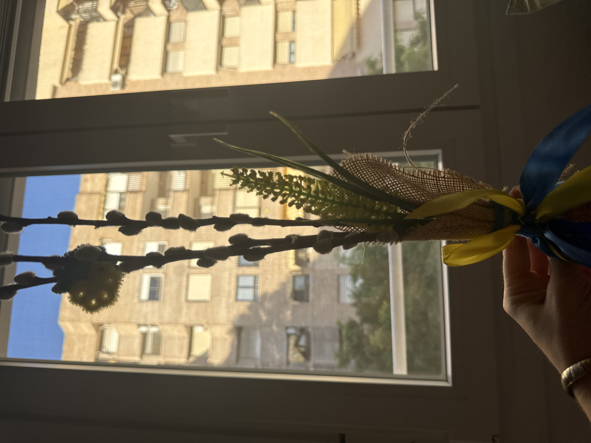 The image displays a close-up view of a decorative bouquet held by a person's hand against a window. The bouquet consists of pussy willow branches, a yellow artificial floral element, and a green artificial sprig, all tied together with burlap and ribbons in the colors of the Ukrainian flag (blue and yellow). The hand is adorned with a gold-toned bracelet.
The background, seen through the window, shows a residential building in the city of Murcia, Spain. The building is multi-story with a light-colored facade and balconies. The time of day appears to be late afternoon or early evening, indicated by the warm, golden light illuminating the building. The sky is a clear blue. Trees are visible in the mid-ground, suggesting a green space or park adjacent to the building. The overall scene conveys a sense of domesticity with a touch of patriotic symbolism.