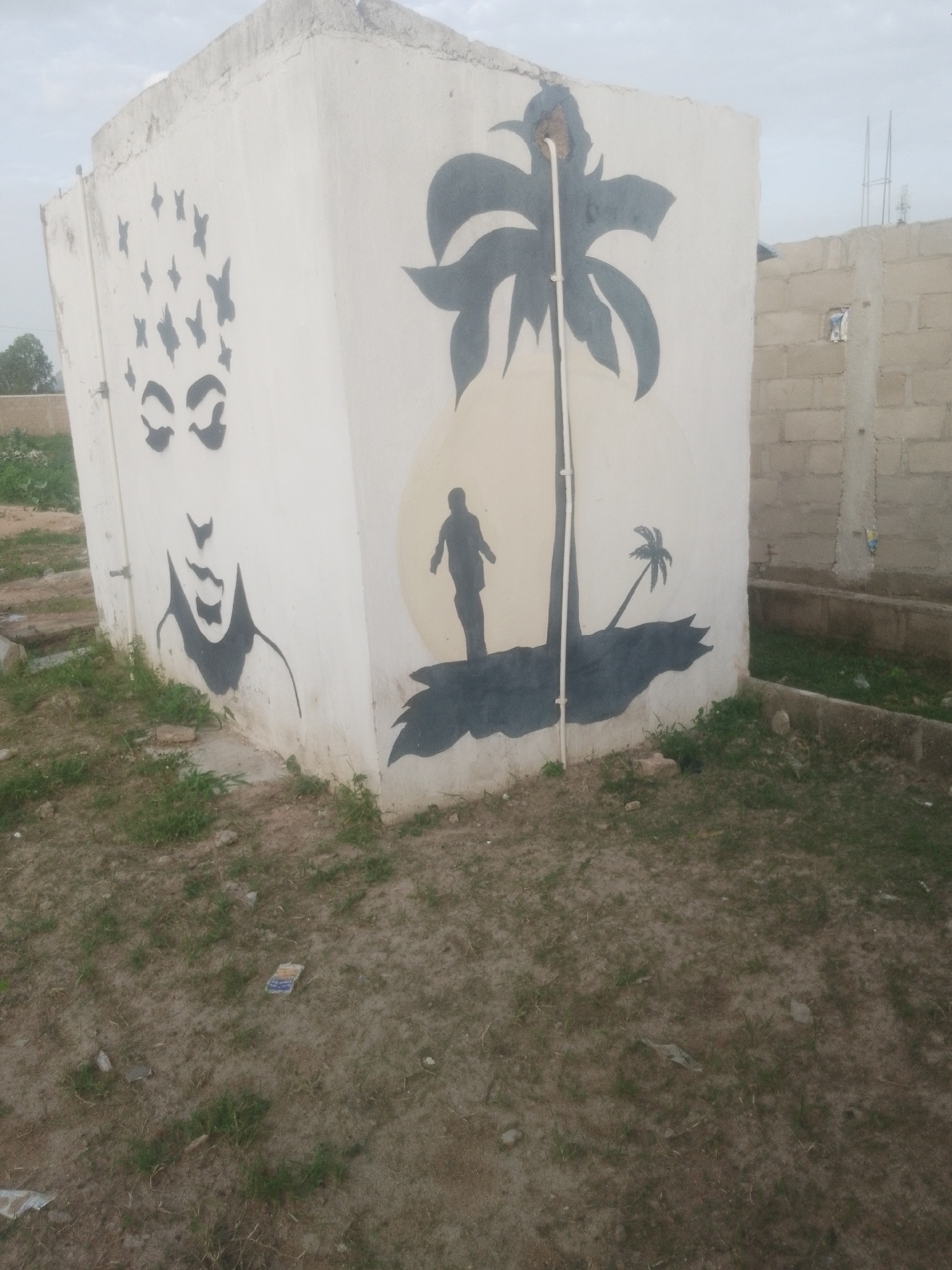 An outdoor, ground-level, slightly angled full shot captures a white, cubical building with graffiti art on its side. On the left side of the building is a stylized depiction of a person's face with closed eyes, and above the head are numerous small black butterflies. On the right side of the building, a large black palm tree silhouette is painted. In front of the palm tree is a silhouette of a person walking, with a yellow circular background representing a sun or moon behind them. To the right of the palm tree is a smaller palm tree silhouette. The building is situated in an unpaved, open area with sparse green grass and dirt. In the background, to the right of the cubical building, is a partially constructed building made of concrete blocks, with some visible rebar. The sky is overcast.