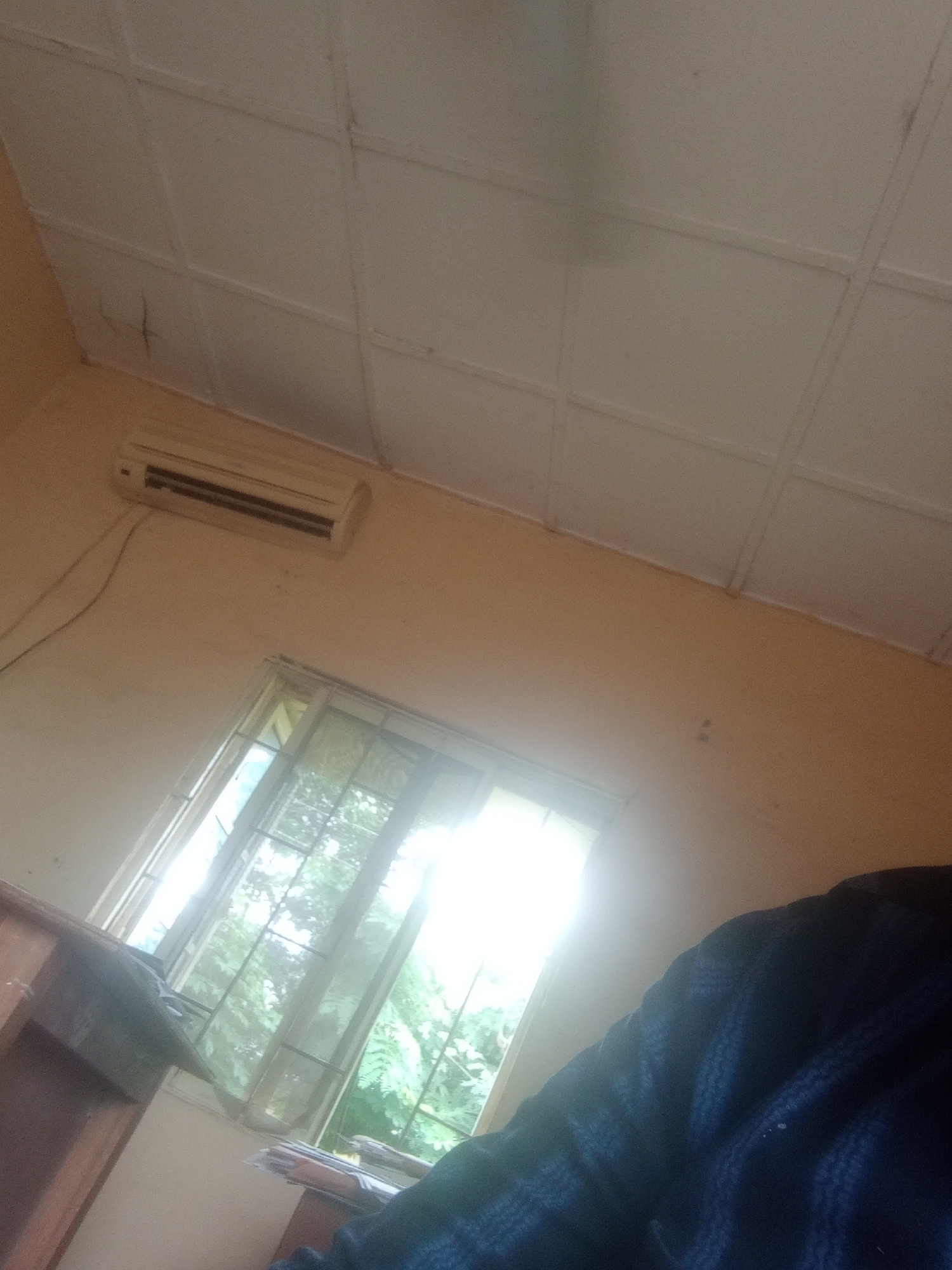 The image depicts an indoor scene, likely a room with a window. The room has a textured, off-white ceiling with a grid pattern. The walls are painted a light orange or peach color. An air conditioning unit is mounted high on the wall, to the left of the window. The window itself is large and appears to be made of glass with a grid of metal bars. Through the window, lush green foliage is visible, suggesting an outdoor setting with trees and plants. The sunlight streaming through the window is very bright, indicating it is daytime, likely morning or afternoon.
In the foreground, partially obscuring the view of the window and the wall, is a person wearing a dark blue garment. The fabric of the garment appears to be textured, possibly a sweater or a jacket. The person is leaning into the frame, and only their upper body and shoulder are visible. To the left of the window, a wooden desk or shelf is partially visible, with some papers or books on it.
The overall impression is that of a person in a room on a bright day, with a view of the outdoors. The lighting suggests a pleasant, perhaps warm, climate. The image lacks any explicit text. The location context of Jalingo, Nigeria, aligns with the presence of lush greenery and the likelihood of bright daylight. There are no specific activities or events clearly depicted beyond the presence of the person in the room and the view from the window.