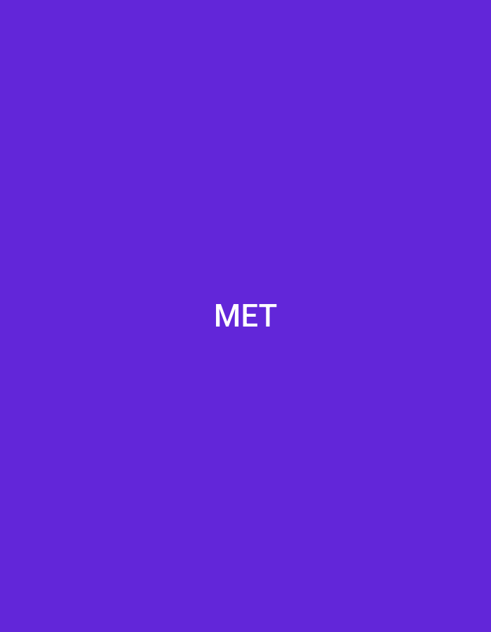 The image displays a minimalist graphic featuring a solid, deep purple background (RGB approximately 76, 0, 255). Centrally aligned on this background are three uppercase white letters, spelling "MET." There are no discernible people, specific objects, actions, interactions, or environmental details beyond the colored field and text. This graphic element is contextualized within the city of Casablanca, Morocco.