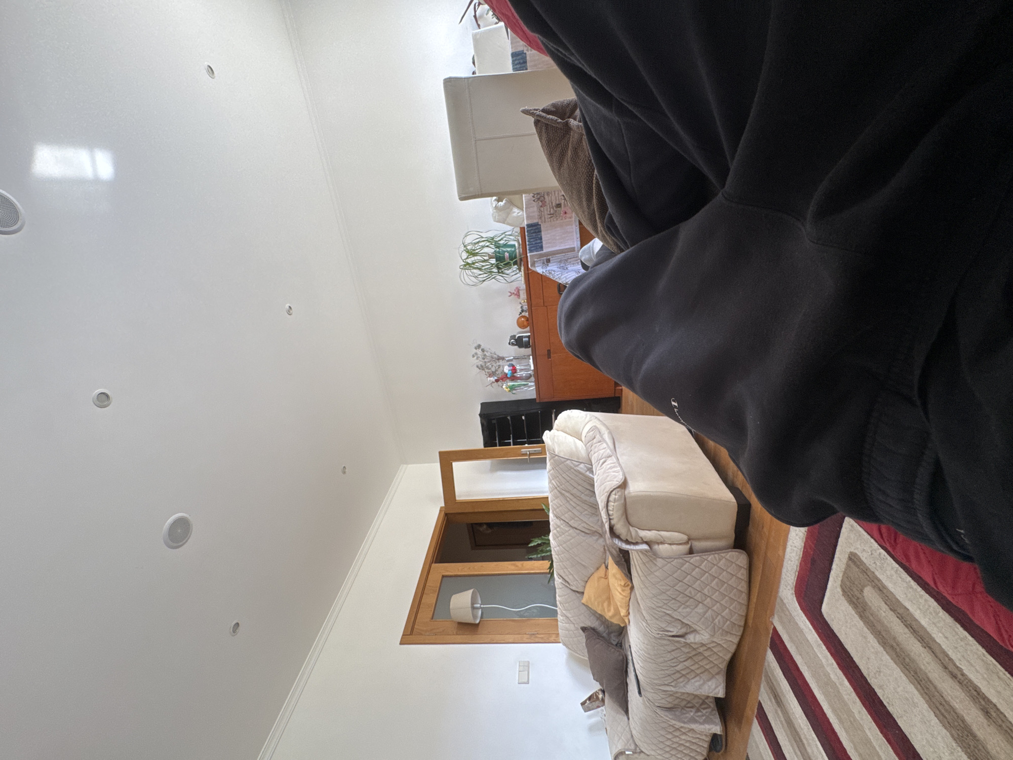 The image shows a person wearing a black hooded sweatshirt, partially obscuring the view of a living room. The room contains a beige sofa with quilted detailing, a rug with red, white, and beige stripes, a wooden dresser, a white armchair, and various plants. A window with a lamp behind it is visible. The location is Mirandela, Portugal.