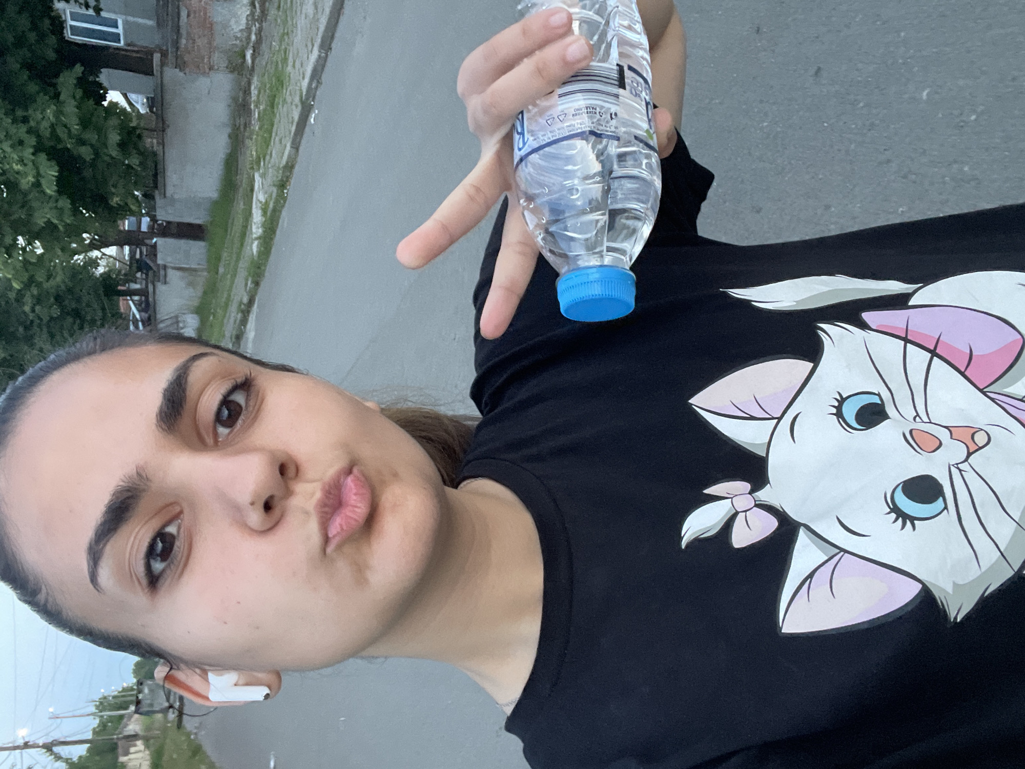 A young woman is captured in a selfie-style shot outdoors on a street in Debelt, Bulgaria. She has dark hair pulled back and wears a black t-shirt featuring a graphic of the white cartoon cat Marie from Disney's The Aristocats, complete with a pink bow. She is making a pursed-lip "kissing" face. A white wireless earbud is visible in her left ear. Her right hand, held up, forms a "peace" sign around a clear plastic water bottle with a blue cap, which contains water. The background shows an asphalt road, a concrete curb, and a dirt/grass verge. Beyond the verge, there is a low wall, several green trees, and a building with a white-framed window on the right side. On the left, power lines and utility poles are visible in the distance. The lighting suggests an overcast day or late afternoon/early evening.