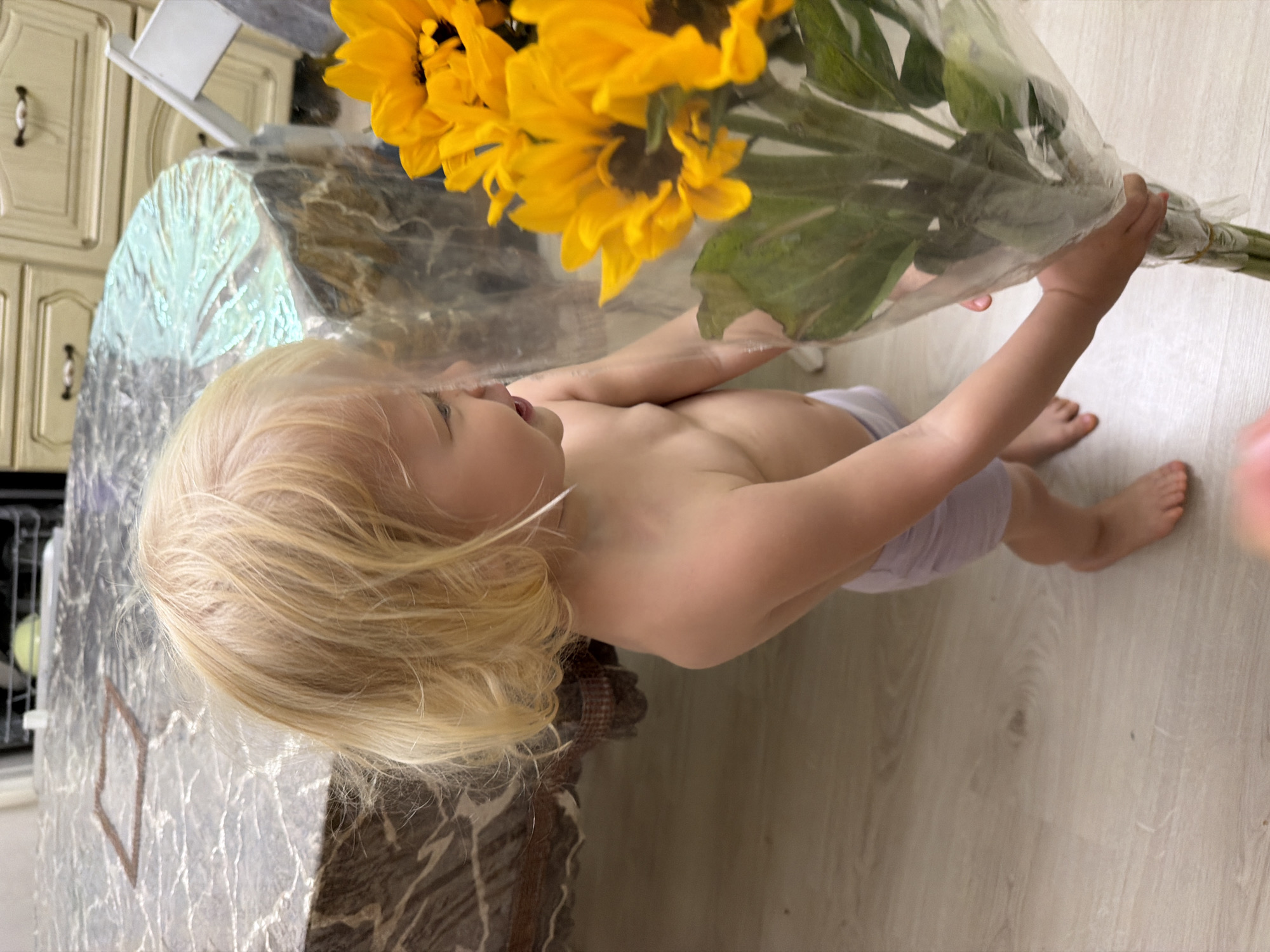 A young child with fair skin and light blonde hair, appearing to be a toddler, stands shirtless wearing light-colored briefs. The child is looking upwards with an open mouth, deeply engaged with a vibrant bouquet of bright yellow sunflowers, which are wrapped in clear plastic. Their small hands are positioned to hold or interact with the base of the flower stems, suggesting curiosity or delight.
The scene unfolds indoors, likely in a kitchen or dining area. A large, dark, marble-patterned countertop or table with a clear plastic protective covering occupies the left side of the frame. In the background, light-colored kitchen cabinets with dark, decorative handles are visible, contributing to a classic interior aesthetic. The floor is made of light-toned wooden planks. The bright, natural-looking light suggests it is daytime. The overall mood conveyed is one of innocent engagement. No visible text is present in the image. This scene is set in Sochi, Russia.