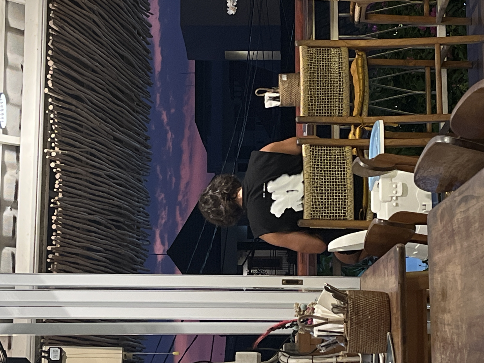 In a dimly lit indoor setting, a person with curly brown hair is seen from behind, wearing a black t-shirt with a white graphic design. They are seated at a wooden table with a woven basket holding cutlery. The scene appears to be a restaurant or cafe, with wooden furniture and decorative elements like a wall made of dark, thin branches. Through a window, a twilight sky with hues of pink and purple can be seen, suggesting it is evening. In the background, some greenery and buildings are visible. The overall mood is relaxed and casual, typical of a restaurant setting during dusk.