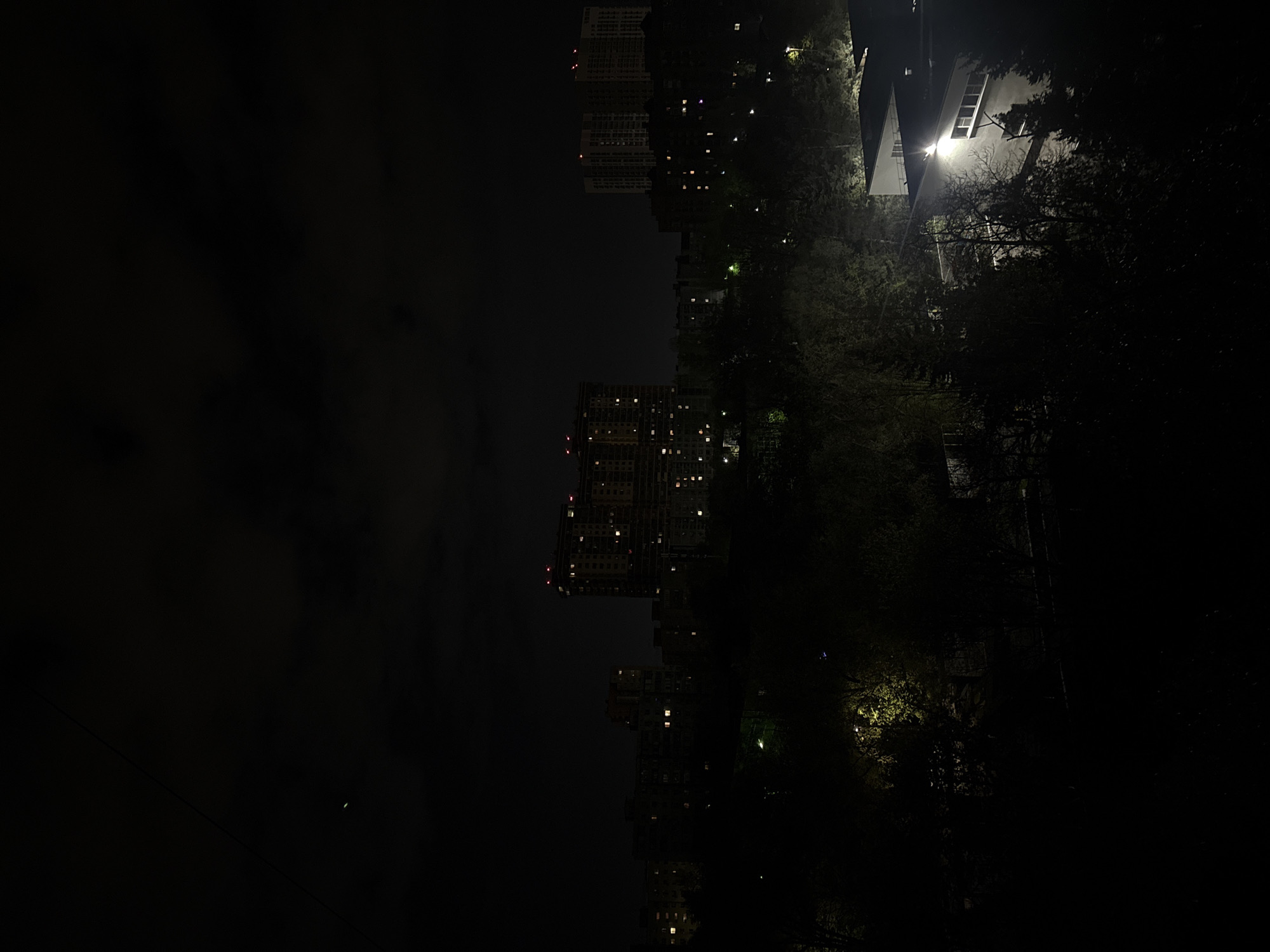 The image captures a nighttime urban or suburban scene in Rostov-on-Don, Russia. The sky is very dark, with hints of faint cloud cover visible on the left side.
In the mid-ground on the right, a white-walled building, possibly a house or low-rise apartment, is brightly illuminated by an exterior light or a strong light emanating from a window. This light casts a strong glow on its facade and some of the dense, dark tree canopies surrounding it. Further into the background on the left, several taller, multi-story apartment buildings are visible, their dark silhouettes punctuated by numerous glowing windows, indicating active residences.
The foreground and much of the mid-ground are filled with the dark forms of trees, some of which show subtle green and yellow hues where artificial lights penetrate their foliage. No people or explicit activities are visible, creating a quiet and still atmosphere. A thin, dark line, resembling a power line or cable, is faintly discernible crossing the lower left portion of the dark sky, alongside a small, bright pinpoint of light that could be a distant artificial light source or a star. The overall impression is one of a peaceful, illuminated urban night.