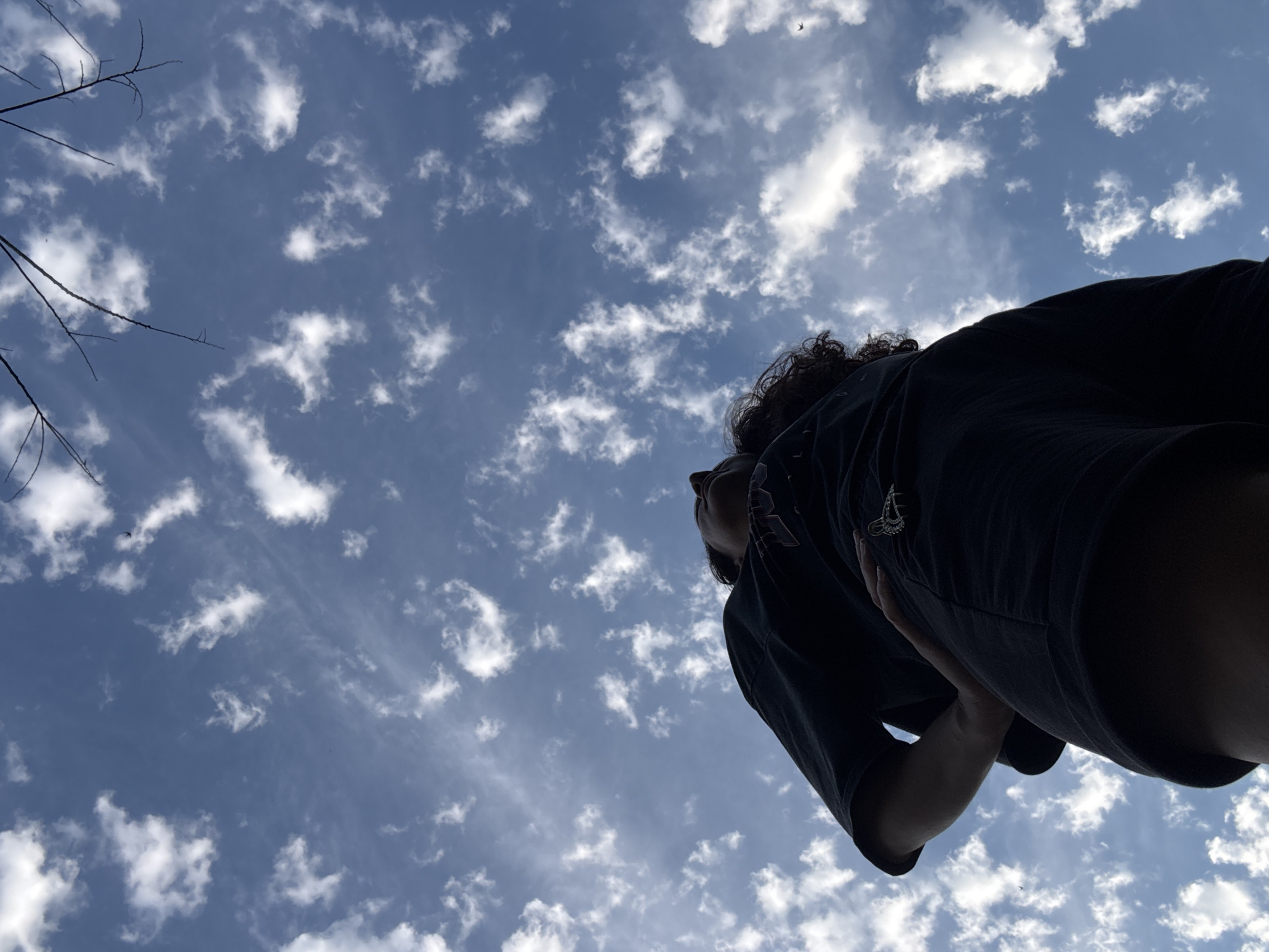 A low-angle shot captures a person from the waist up, silhouetted against a bright blue sky filled with wispy white clouds. The person is wearing dark clothing, including a t-shirt and shorts, and has curly dark hair. One hand is placed on their hip, and they are looking upwards. In the upper right corner of the frame, bare tree branches are visible. The scene is outdoor and appears to be during the daytime. There are no identifiable landmarks or context to suggest a specific location within Sochi, Russia.
