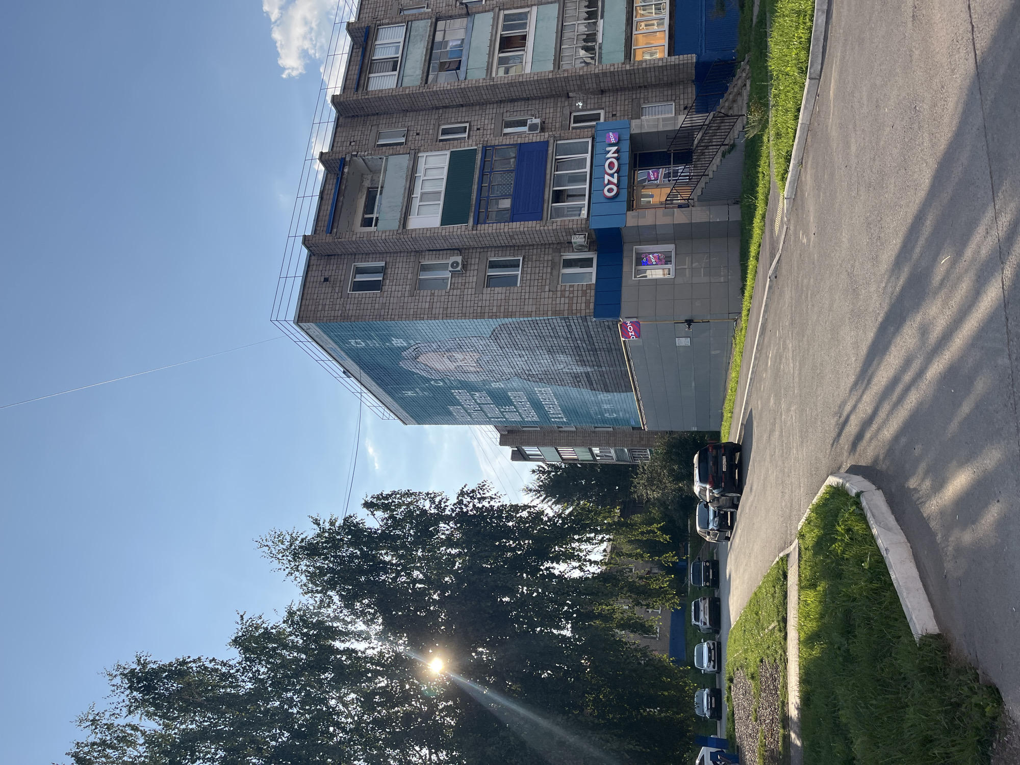 The image depicts a residential building in Blagoveshchensk, Russia, under a clear blue sky with a few scattered clouds. Sunlight filters through the leaves of a large tree in the foreground, casting dappled shadows on the asphalt road. Several cars are parked on the side of the road, some in a designated parking area and others along the street. The building itself is a multi-story brick structure with a large mural covering a portion of its facade. A retail storefront with the "OZON" logo is visible at the ground level of the building, featuring an entrance with stairs leading up. The surrounding environment includes grass, trees, and other buildings in the distance, indicating a typical urban or suburban setting.