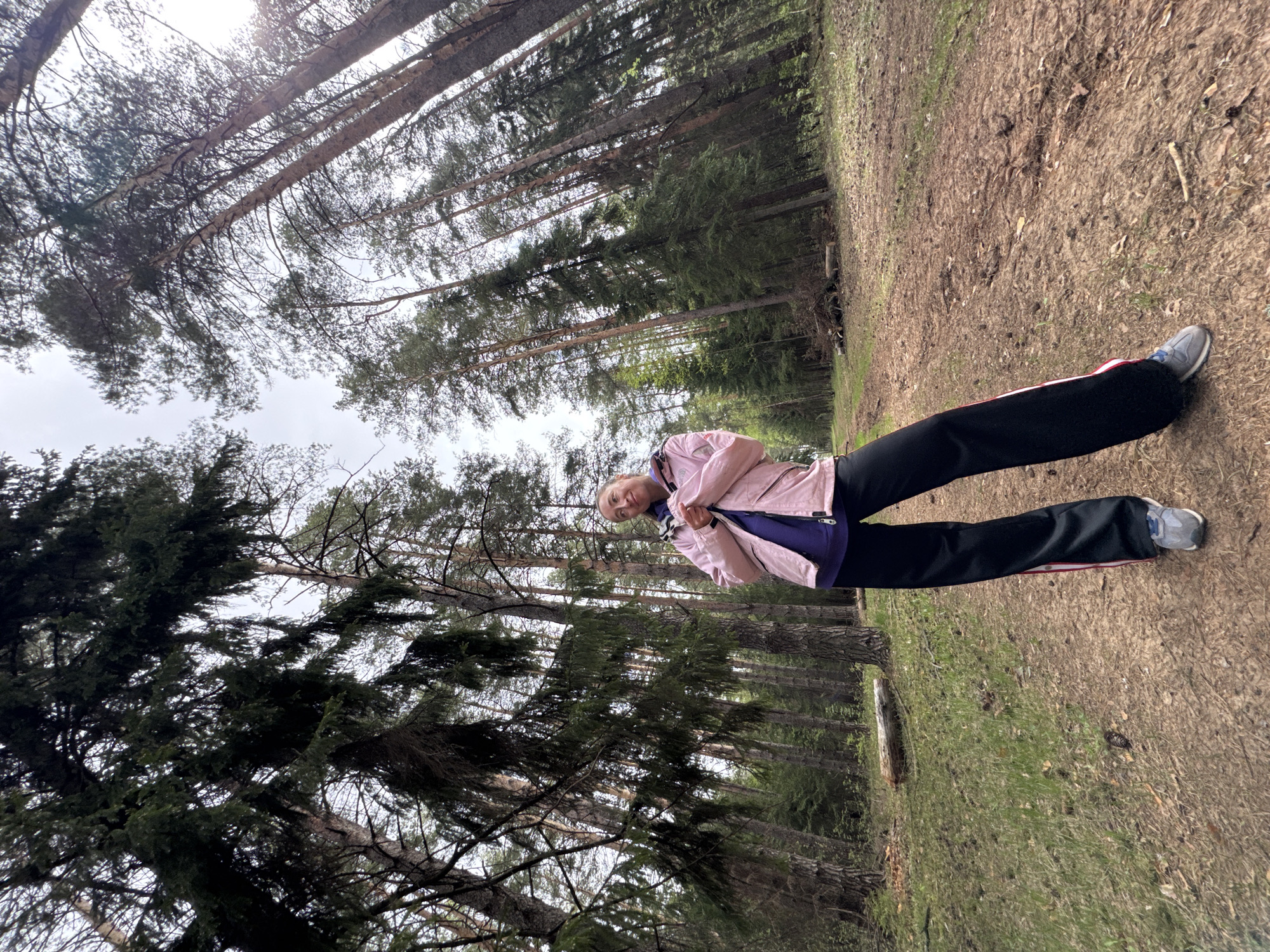 The image shows a person standing in a forest in what appears to be Прикамский, Russia. The person is wearing a pink jacket over a dark-colored shirt, dark pants with a red stripe, and gray sneakers. Tall trees surround the person, and the ground is covered with dirt and fallen leaves. The sky is overcast. The trees are predominantly coniferous.