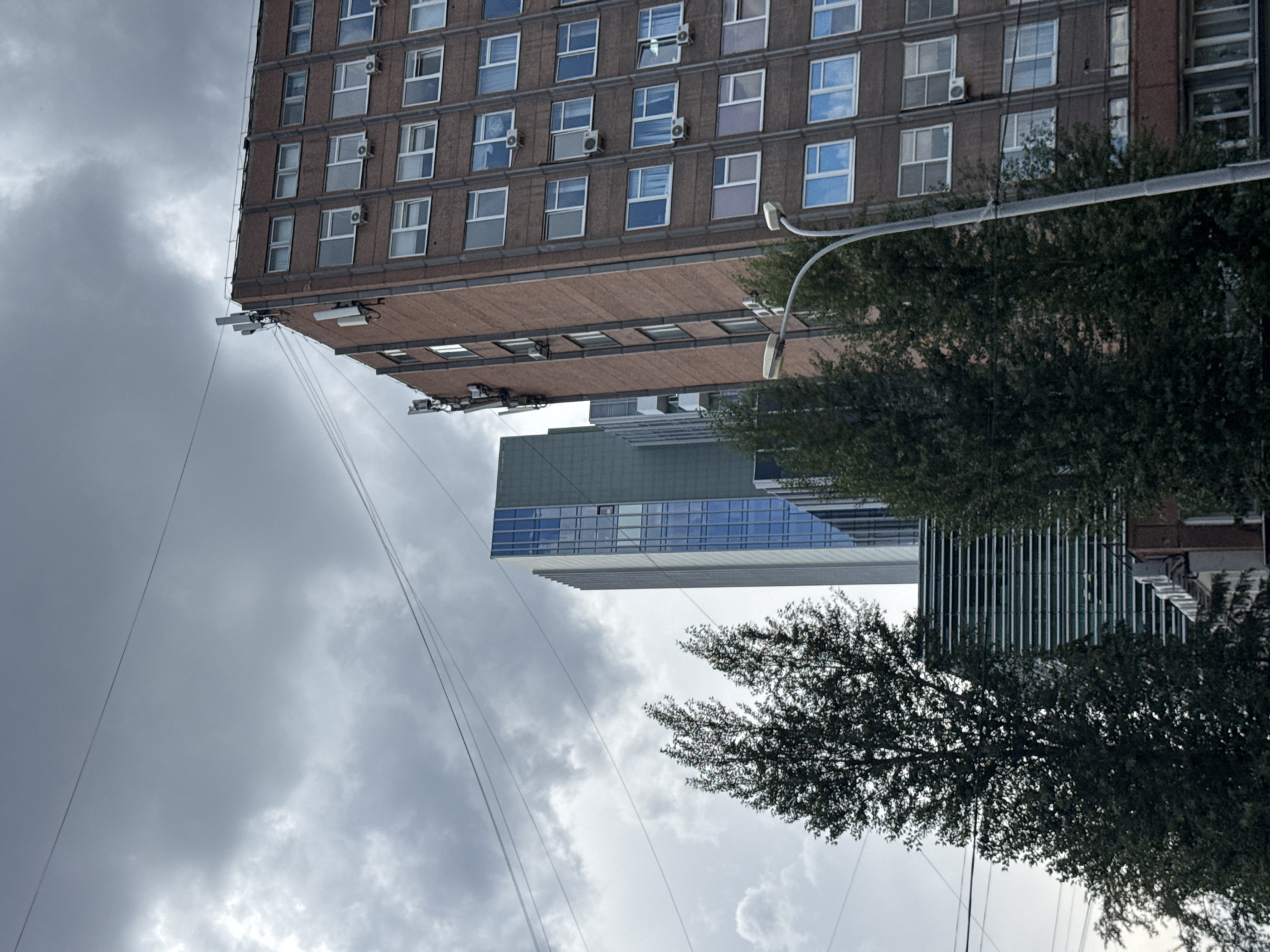The image shows a view of Yekaterinburg, Russia, featuring a dense urban landscape dominated by buildings and trees under a cloudy sky. The foreground is partially obscured by dark green foliage from several trees. In the mid-ground, a tall, slender skyscraper with a glass facade stands out, its windows reflecting the overcast sky. To the right of this skyscraper, a much older, brick-faced building with numerous windows is visible. This older building is adorned with external antennas on its upper floors and has several air conditioning units mounted on its facade. A street lamp with two lights curves into the frame from the right side, positioned in front of the older building. Power lines are stretched across the sky, adding to the urban feel of the scene. The overall impression is one of a bustling city, with a mix of modern and older architectural styles, set against a backdrop of a potentially approaching storm.