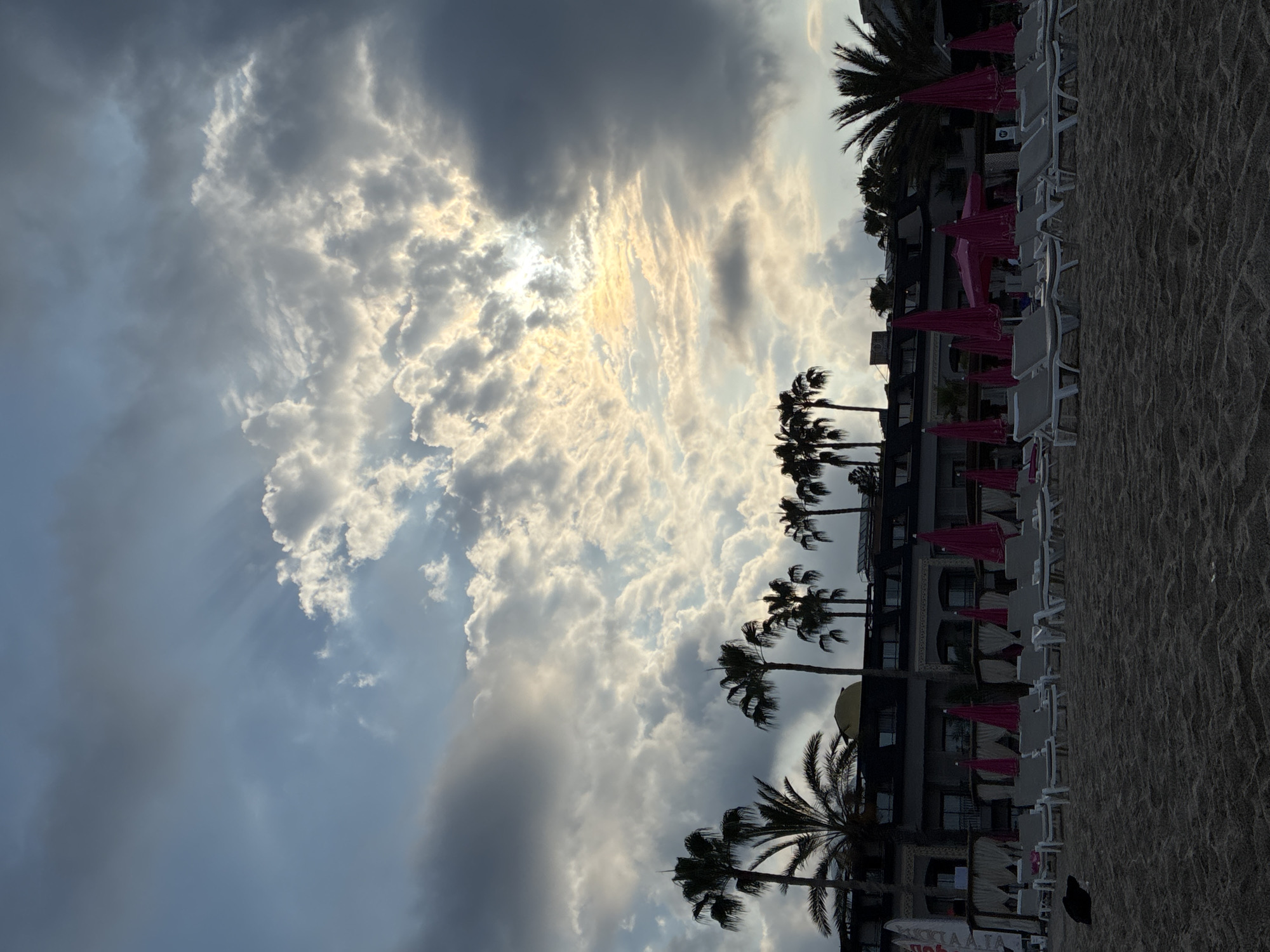 A beach resort scene in Alanya, Turkey, is depicted under a cloudy sky with sunbeams breaking through. The foreground shows a sandy beach with rows of empty lounge chairs and closed pink umbrellas. A dark-colored, four-legged animal, possibly a cat, is sitting on the sand to the left. Behind the beach, a multi-story hotel with a dark facade and numerous windows is visible, lined with palm trees. The sky is dramatic, with dark clouds interspersed with patches of bright sunlight, creating a moody atmosphere.