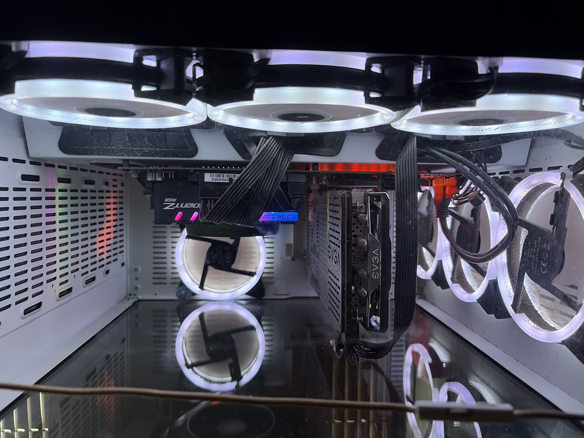 The image shows the inside of a white computer tower case, viewed from an angled side. The computer contains several components, including a graphics card (labeled EVGA), RAM modules (one labeled G.SKILL Trident Z RGB), and multiple cooling fans with RGB lighting. The fans at the bottom of the case are illuminated with purple and white light, and there are also fans visible at the top and side of the case, some with red lighting. Dust is visible on some of the fans. The computer appears to be a custom-built desktop. The image does not provide any information or visual cues that would allow for the determination of its location in the city of Petrich, Bulgaria.