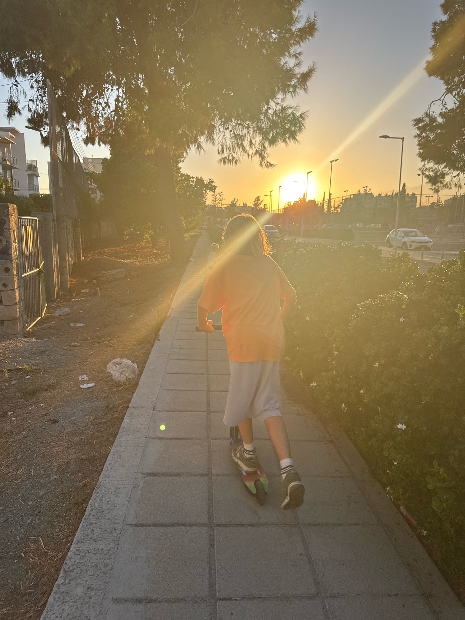 The image depicts a young person riding a scooter on a sidewalk during sunset in Limassol, Cyprus. The person, viewed from behind, is wearing an orange t-shirt and white shorts, with striped socks and sneakers. They are in motion, with their legs extended on the scooter. The sidewalk is paved with rectangular concrete tiles. To the left of the sidewalk is a rough, uncultivated area with scattered stones and a metal gate. To the right of the sidewalk is a dense area of green foliage with small white flowers, illuminated by the warm glow of the setting sun. In the background, trees with visible branches and needles frame the scene, and the sun, low on the horizon, casts strong lens flares across the image. Beyond the foliage, there are streetlights, cars on a road, and buildings, including a white multi-story structure. The sky is a gradient of blue and orange, indicative of sunset.