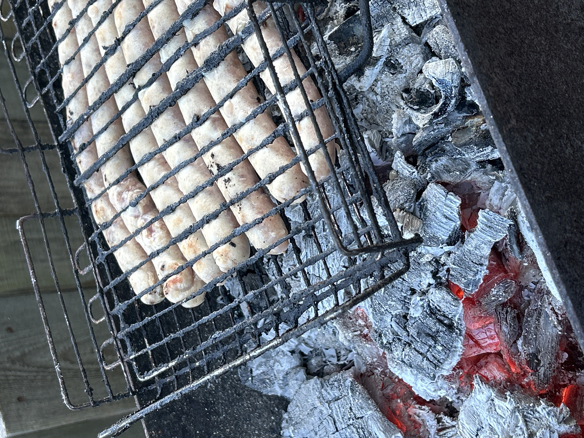 This is an overhead shot of sausages cooking on a grill over hot coals. The sausages are lined up in rows on a metal grill grate. They appear to be uncooked or partially cooked, with a pale, uniform color and some slight charring on the skin. The grill grate is dark and appears to be somewhat old, with some remnants of burnt food and grease.
Beneath the grill, a bed of glowing red coals is visible, emitting heat and light. The coals are covered in a layer of white ash, with some larger pieces of charcoal still intact. The overall scene suggests an outdoor cooking event.
To the left of the grill, a wooden surface, likely a deck or table, is visible. To the right, a dark, textured surface, possibly the side of a grill or an outdoor structure, is present. The lighting suggests it is daytime, likely outdoors. There is no visible text in the image. The scene is focused on the food and the cooking process, conveying a sense of preparation and a casual outdoor meal.